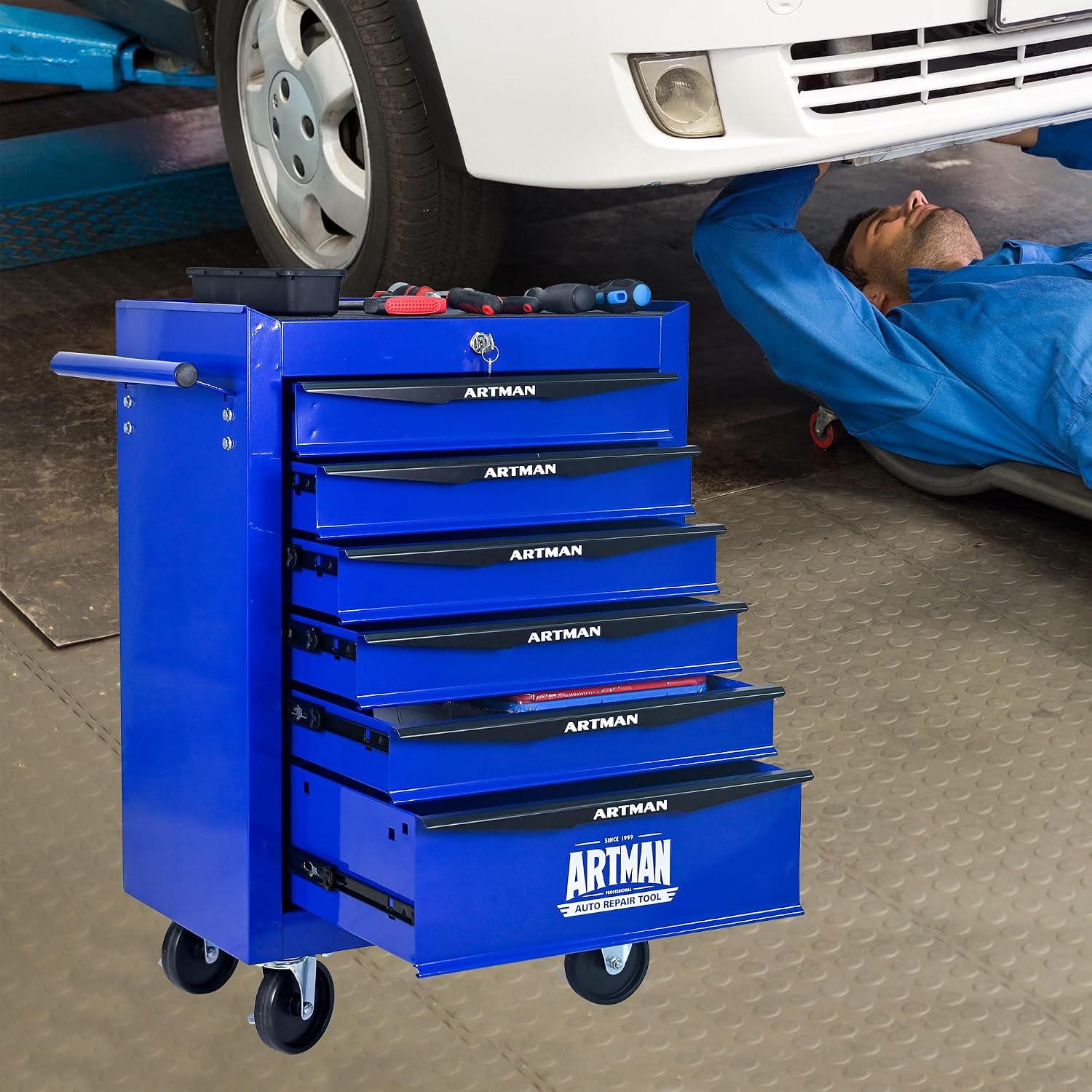 6 Drawers Rolling Tool Box on Wheels, Multifunctional Tool Chest Cabinet with Lock, Drawers Rolling Tool Cart Trolley Organizer Tool Storage Case for Warehouse,Garage,Workshop (Blue)