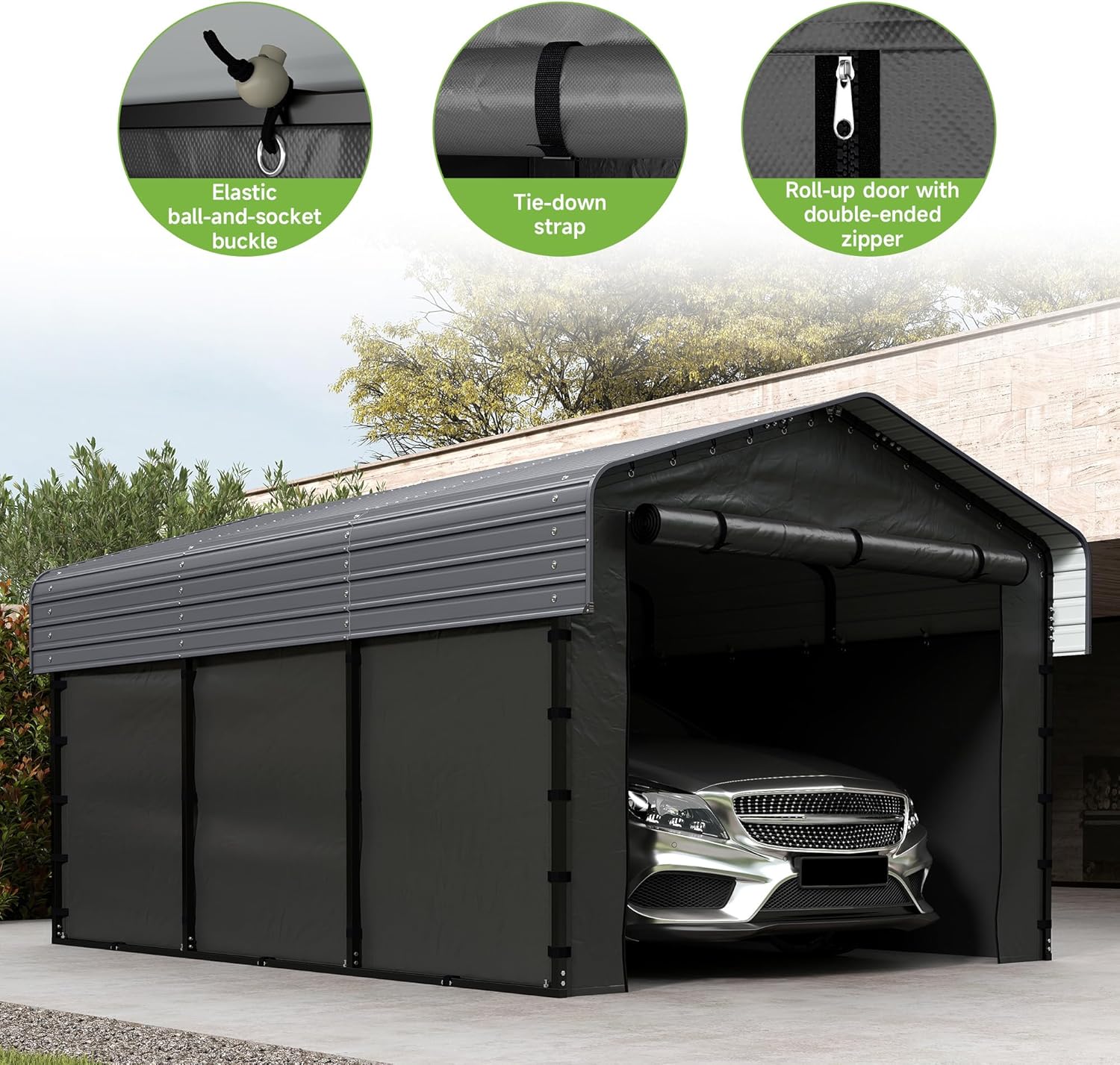 10x15FT Heavy Duty Metal Carport,Outdoor Garage with Removable Sidewalls & Doors, Heavy Duty Steel Frame and Galvanized Roof for Cars and Boats, Gray
