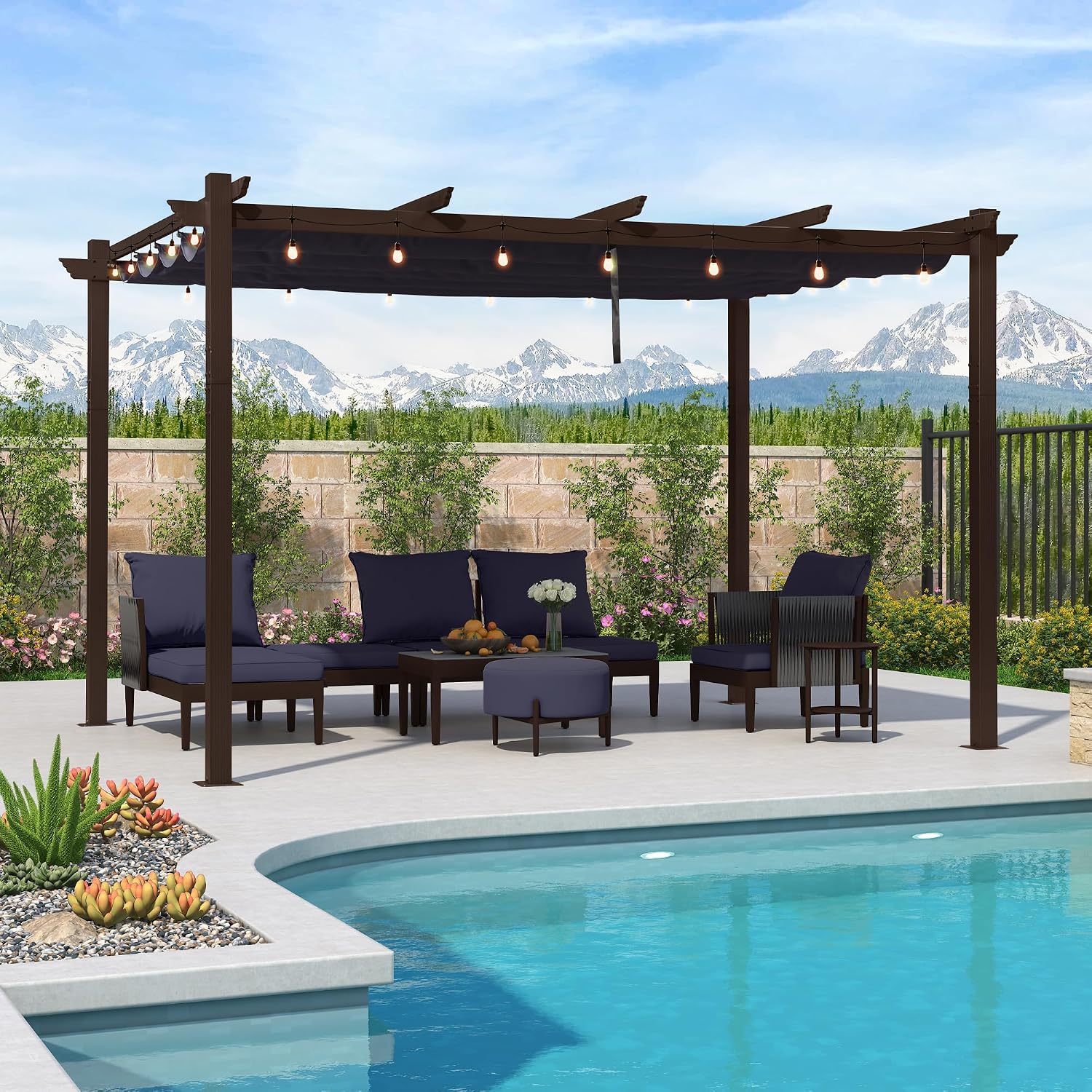 PURPLE LEAF 10' x 13' Retractable Pergola Outdoor Aluminum White Pergola with Sun Shade Canopy Patio Modern Bronze Shelter for Garden Yard Deck Grape, Navy Blue