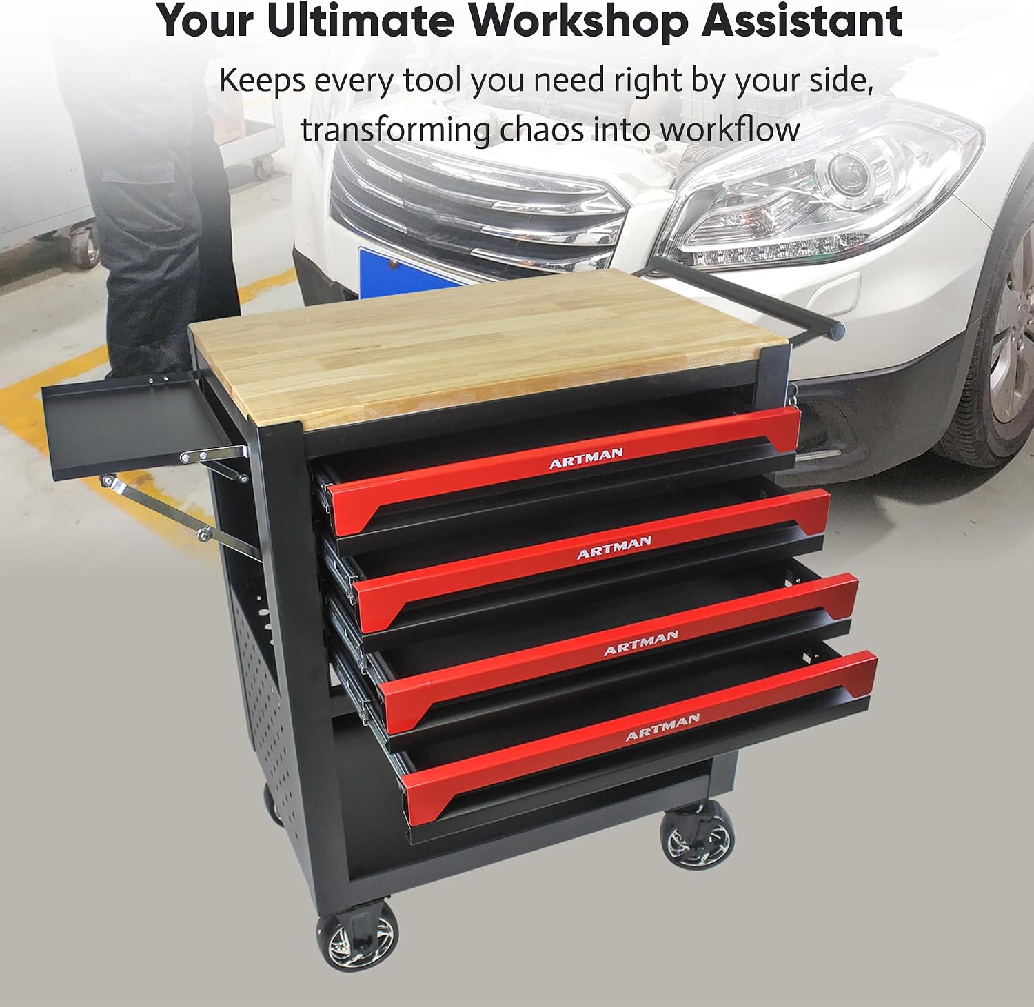 JOYBASE Rolling Tool Chest with 4 Drawers & Wood Top, Heavy Duty Steel Tool Cart on Wheels, Mobile Garage Organizer & Storage Cabinet for Workshop & Mechanic (Black & Red)