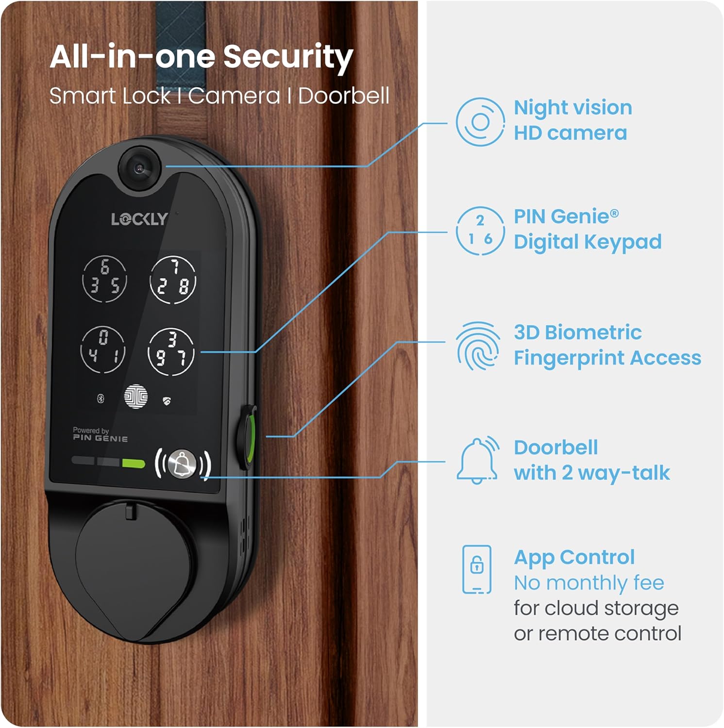 Lockly Vision Smart Lock with HD Video Doorbell, Fingerprint Door Lock for Front Door, Touchscreen Keypad, App Control, Auto Lock, No Monthly Fee- Matte Black
