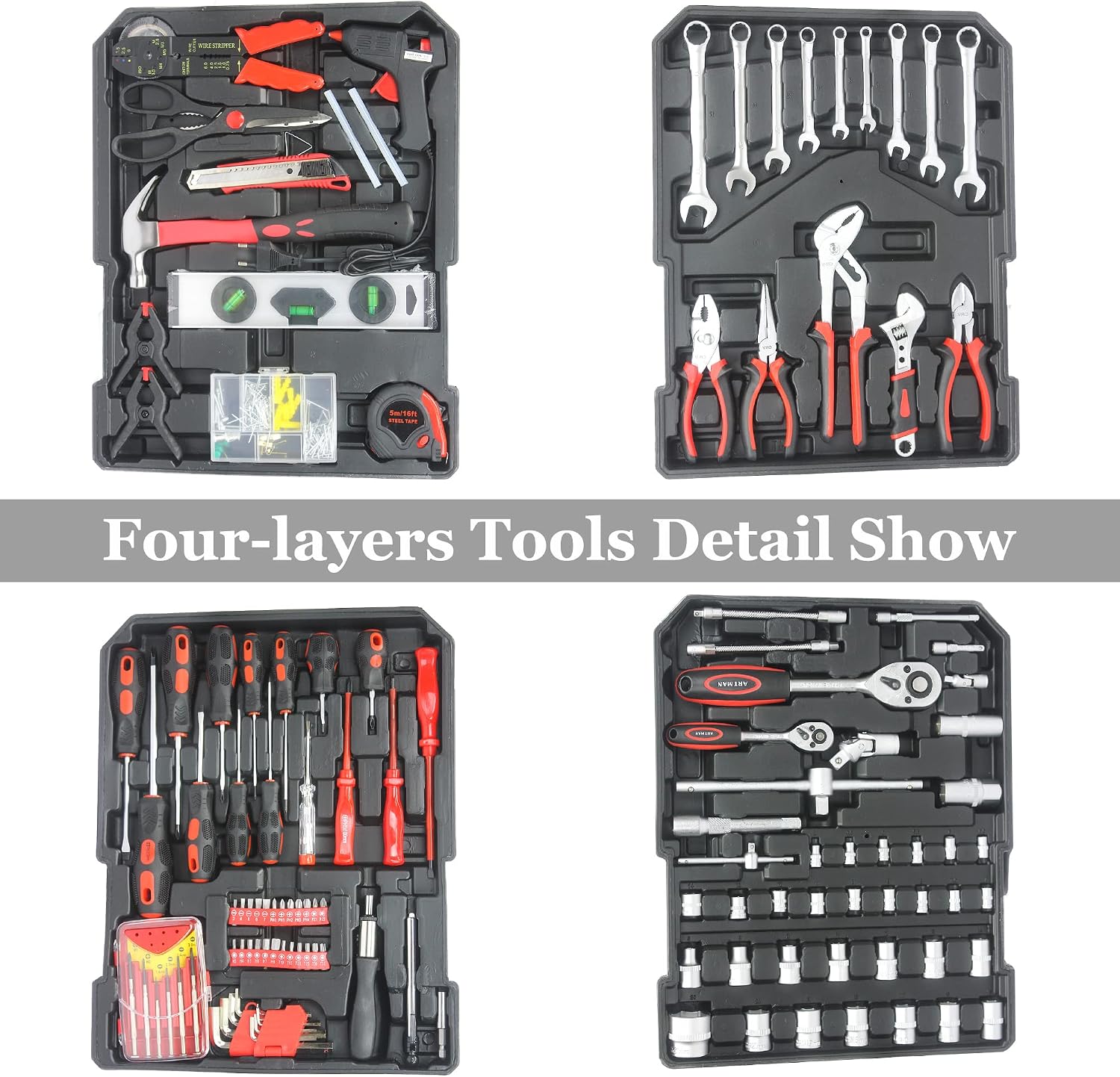 Leavader 889 Pcs Aluminum Trolley Case Tool Set with Wheels, Four-Layer Tool Kit with Rolling Tool Box, Portable Toolbox Storage Case with Drawer for Repair Gift on Father's Day