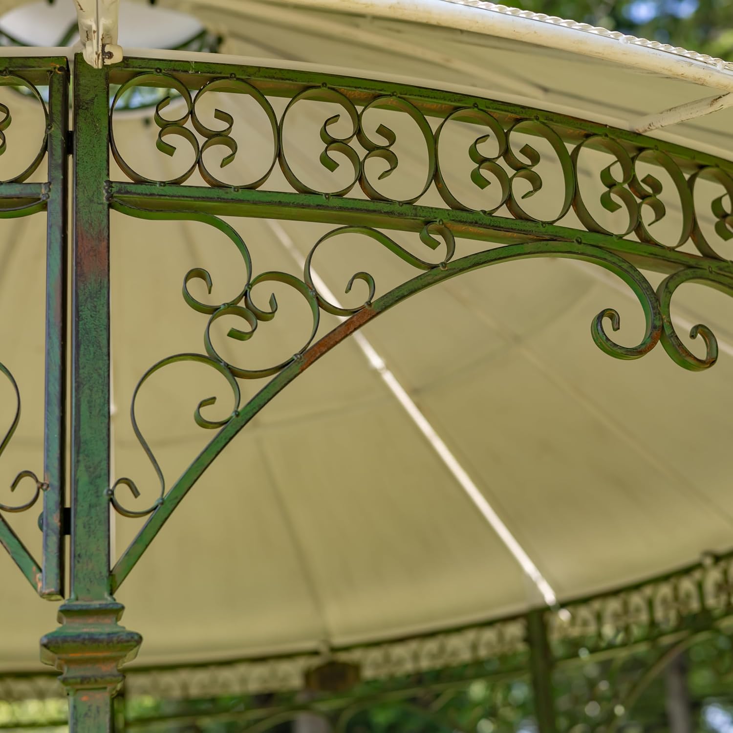 11.25ft. Tall Round Iron Gazebo with Four Side Walls & Flowers Baskets Seville (Antique Green)