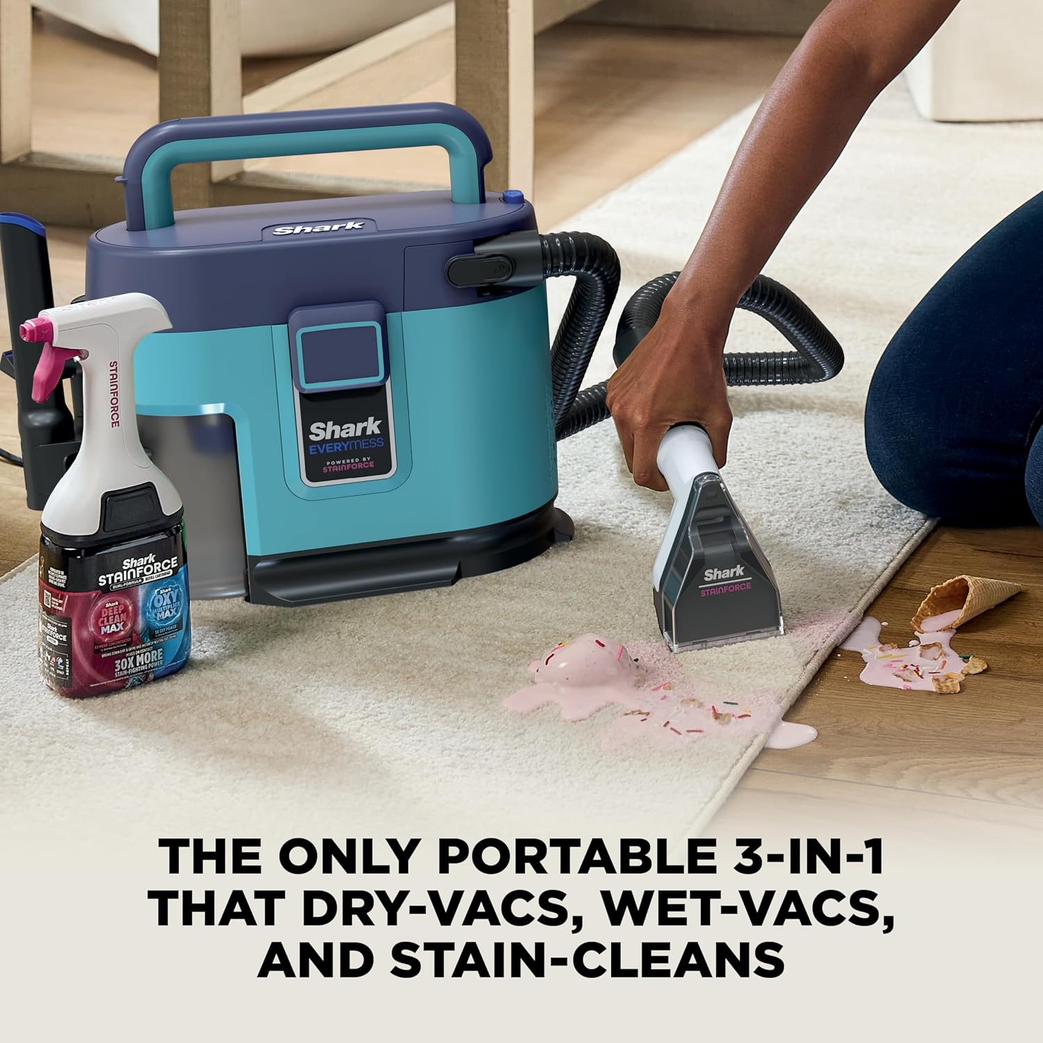 Shark EveryMess™ | Ultra-Powerful 3-in-1 Wet Vac, Dry Vac, & Stain Eliminator | StainForce Technology, Perfect for Homes, Pets, and Cars | 3 Accessories and Cleaning Solution | Blue | VX102BRN