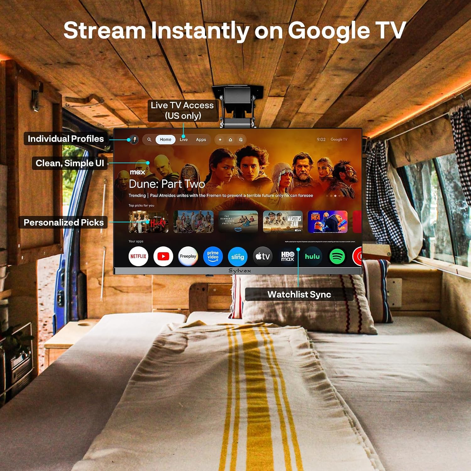 SYLVOX RV TV, 12V QLED TV with DVD Player Built-in, 24 Inch Smart Television for Camper, 12 Volt DC Power Low Energy Consumption, HD 1080P, Bezel Less Design
