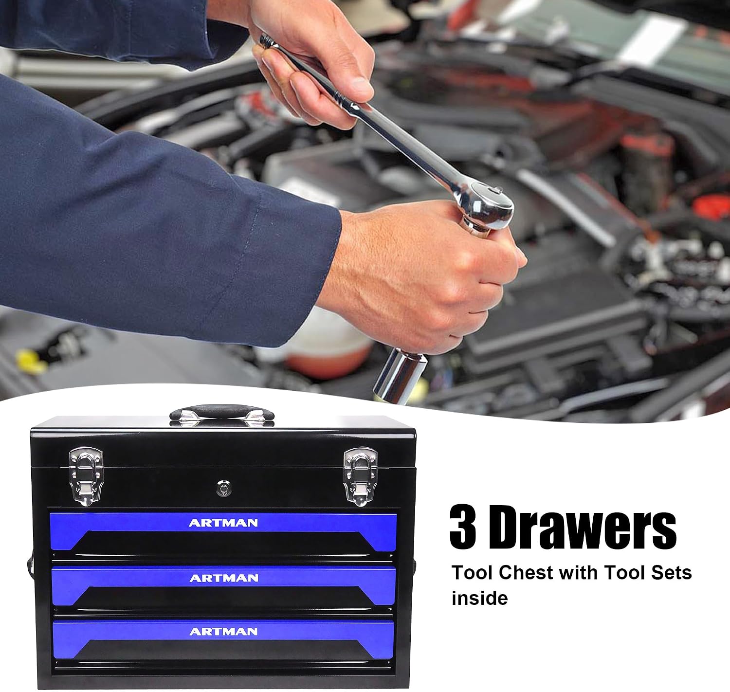20' Portable 3 Drawer Steel Toolbox,Built in Tool Set,4 Layers of Tools with Metal Latches, with Top Storage Tray and carrying Handle, Multi-Function Tool Storage for Garage, Home,or Workbench