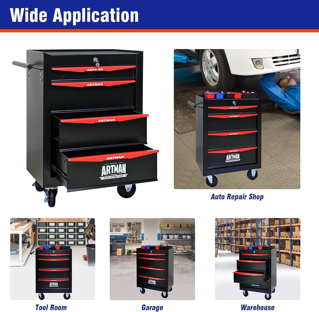 4 Drawers Tool Cart on Wheels, Multifunctional Rolling Tool Chest, Drawers Mobile Trolley Organizer Heavy Duty Tools Box with Locking Wheels & Ball Bearing Drawers (Black, 4 Drawers)