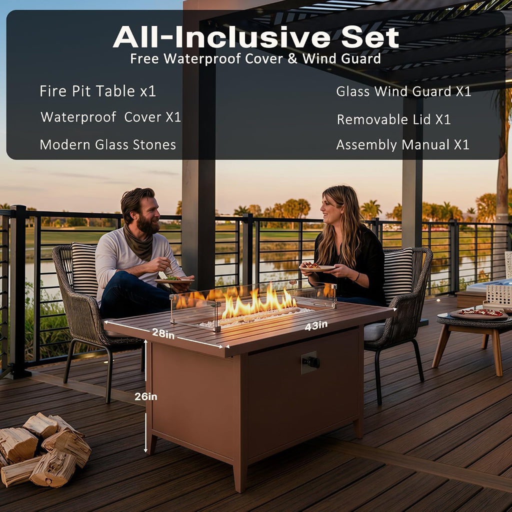 43' Aluminum Propane Fire Pit Table with 55,000 BTU, Rectangle Outdoor Gas Fire Table with Glass Wind Guard, Glass Stones & Waterproof Cover, Patio Fire Table for Backyard, Deck, Garden, Brown