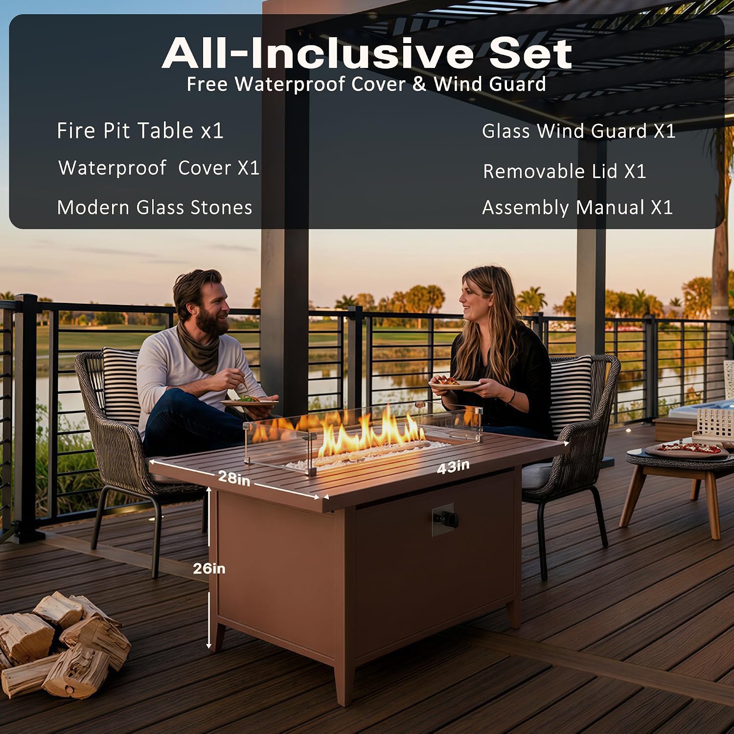 43' Aluminum Propane Fire Pit Table with 55,000 BTU, Rectangle Outdoor Gas Fire Table with Glass Wind Guard, Glass Stones & Waterproof Cover, Patio Fire Table for Backyard, Deck, Garden, Brown