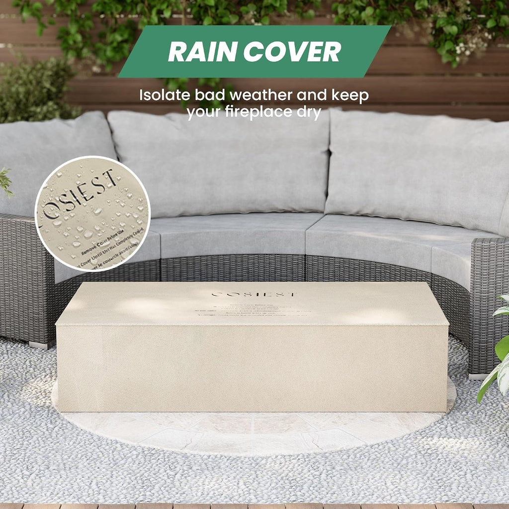 COSIEST Outdoor Propane Fire Pit Table, 56' x 28' Rectangle Terrazzo White Concrete-Like Finish, Certified, 50,000 BTU Stainless Steel Burner w Transparent Gray Fire Glass, Wind Guard, Raincover