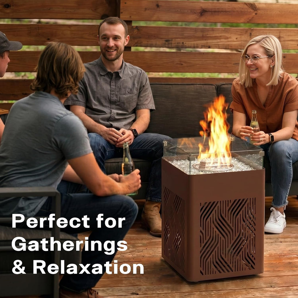 18' Aluminum Propane Fire Pit Table with 45,000 BTU, Square Outdoor Gas Fire Table with Glass Wind Guard, Glass Stones & Waterproof Cover, Patio Fire Table for Balcony, Backyard, Porch, Brown