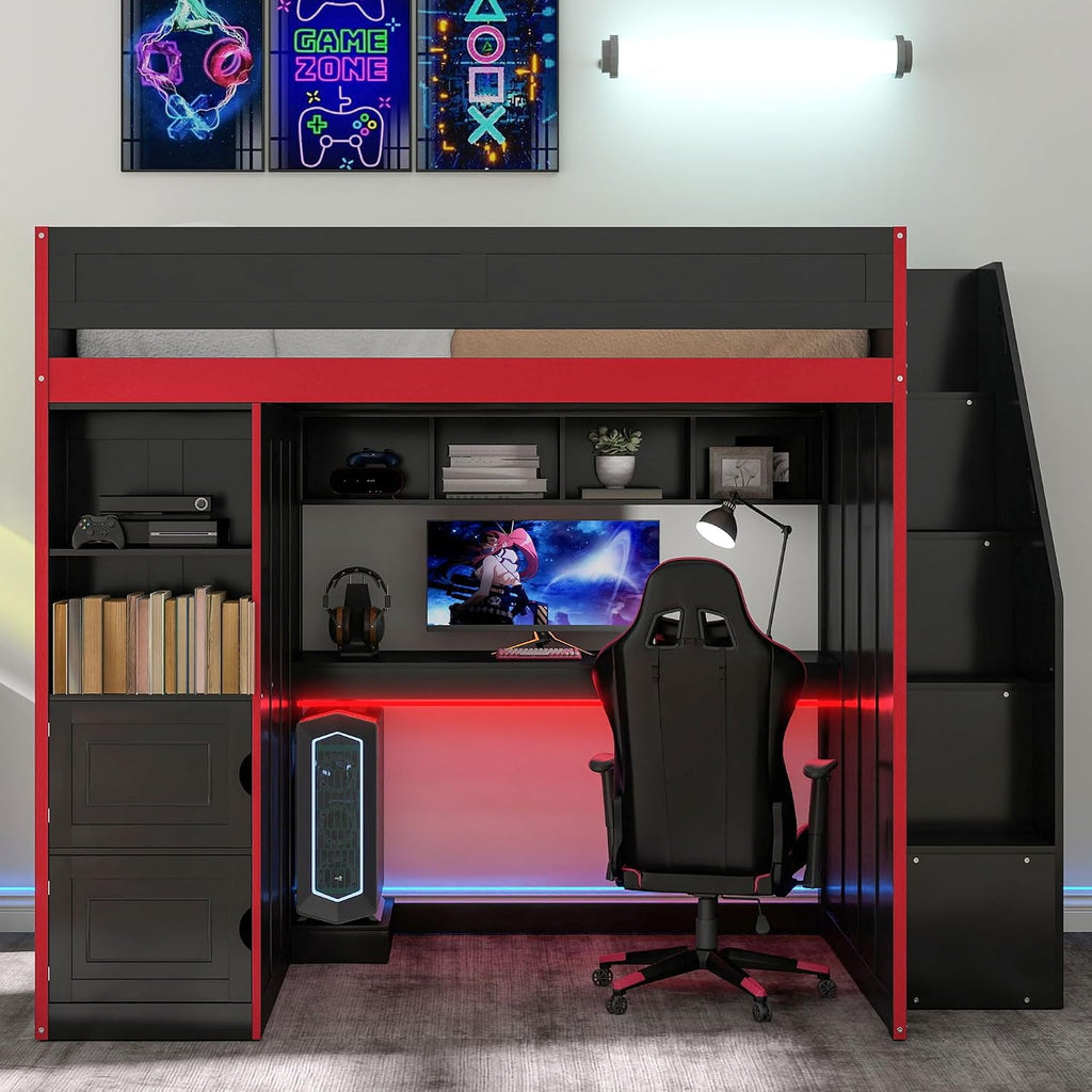 SOFTSEA Twin Size Gaming Loft Bed with Desk, Storage Stairs, LED Lights, Bookshelves & Wardrobe, Multifunctional Loft Bed for Kids Bedroom, No Box Spring Needed, Black Red