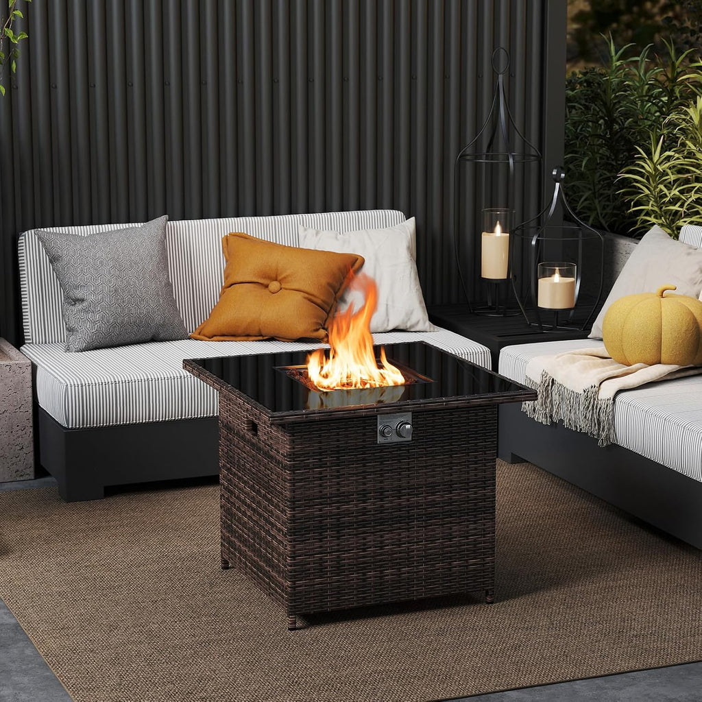 Tangkula 32.5 Inch Propane Fire Pit Table, Outdoor Rattan Gas Firepit with Tempered Glass Tabletop & Stainless Steel Burner, Square Fire Pit with Lava Rocks & Protective Cover for Outside Patio