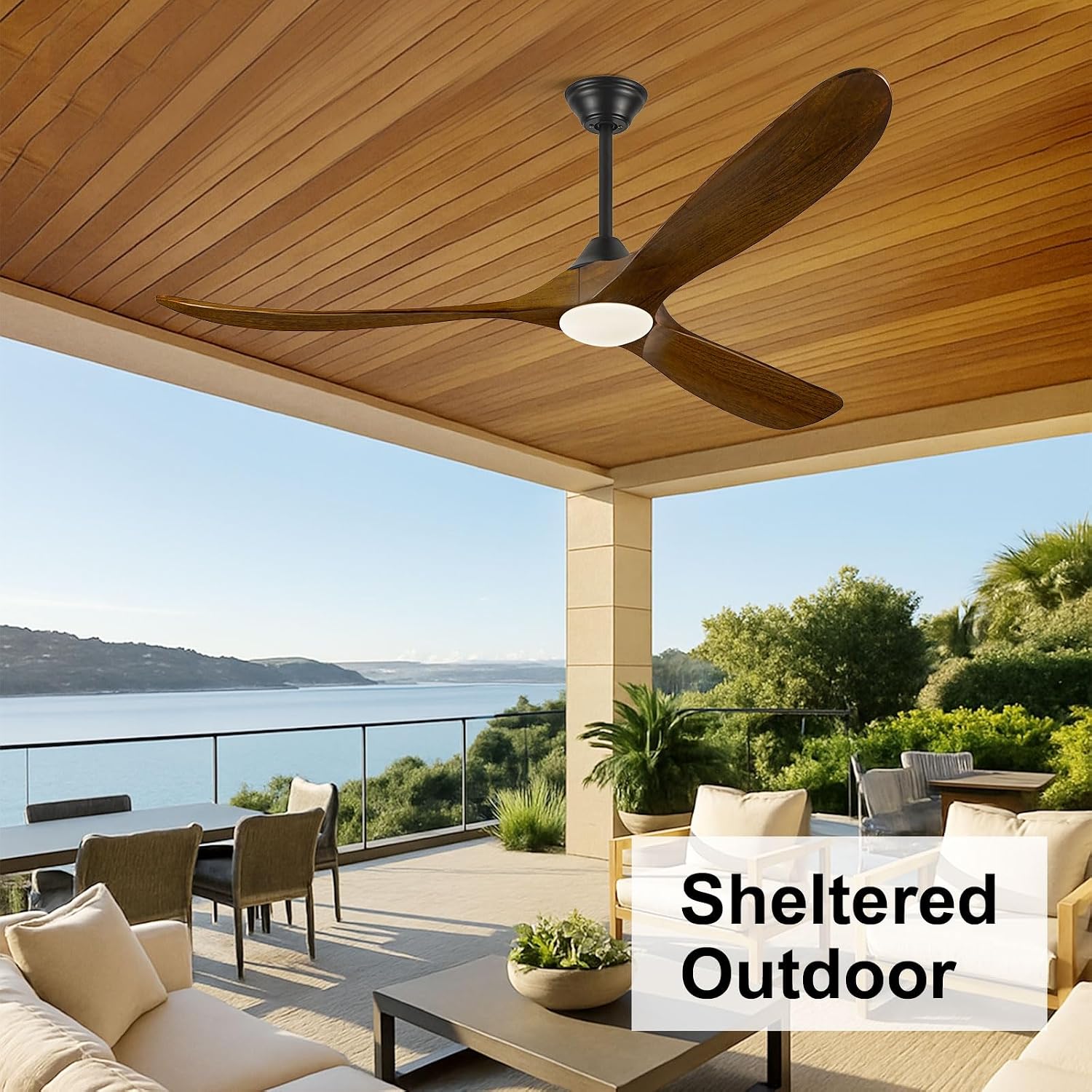 60 Inch Ceiling Fan with Light and Remote, Indoor Outdoor for Patio Gazebo Living Room - Rustic Farmhouse Style, Quiet 6-Speed Reversible DC Motor High CFM, 3 Wood Blades Dimmable with 3 Downrods