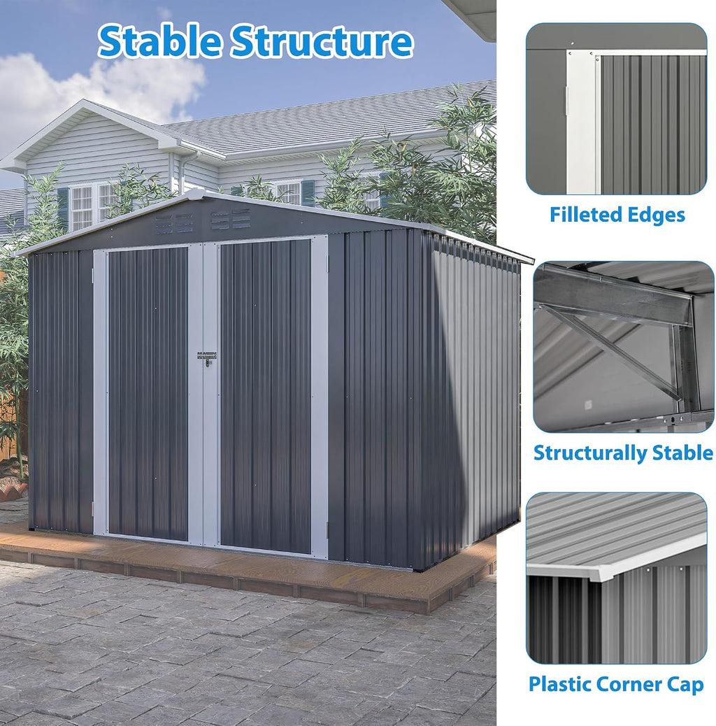 8x6 FT Outdoor Waterproof Garden Tool Storage Sheds with Metal Foundation with Floor Frame, Tool Shed with Lockable Hinged Doors & Air Vents, Storage House Waterproof for Backyard, Lawn, Gray