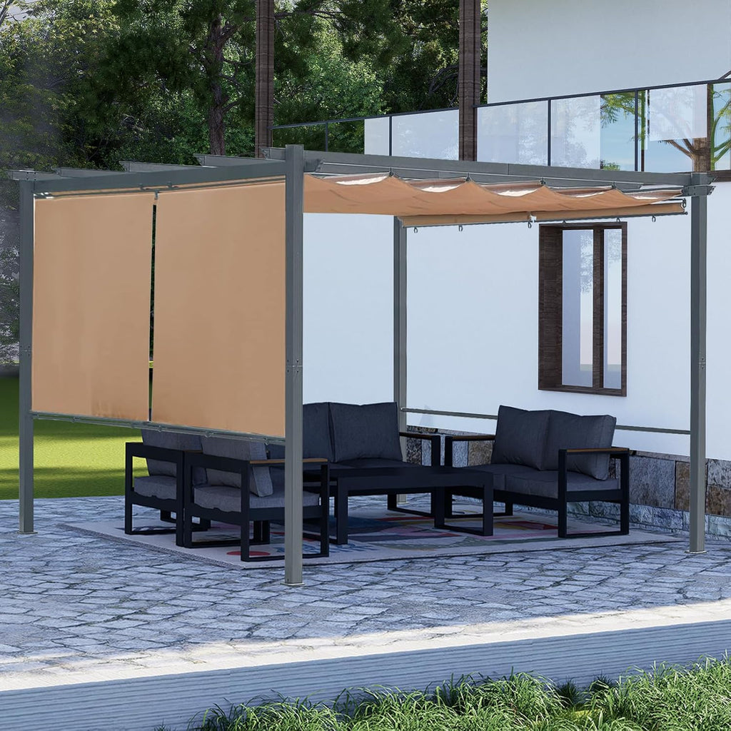 Aoodor 10 x 12 ft Outdoor Pergola with Retractable Shade Canopy, Matte Aluminum Frame, 4 Roller Shade Curtains, Grape Trellis for Patio, Backyard, Garden, and Deck, Brown