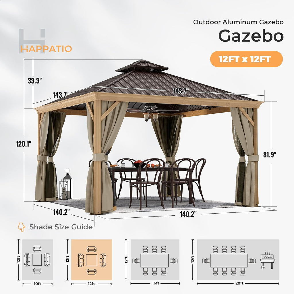 HAPPATIO 12' x 12' Hardtop Gazebo Outdoor, Wood Grain Aluminum Frame with Double Galvanized Steel Roof，Patio Gazebo Canopy with Netting and Curtains for Patio, Lawns, Deck, Backyard (Beige)