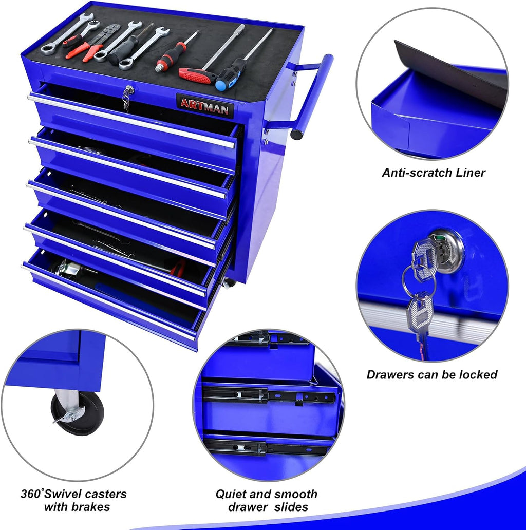 5 Large Drawers Rolling Tool Cart on Wheels, Trolley Organizer Tool Case Chest, Multifunctional Storage Tool Box for Workshop, Garage, Warehouse, Repair Shop (24.2' W×12.9' D×29.9' H-Blue)