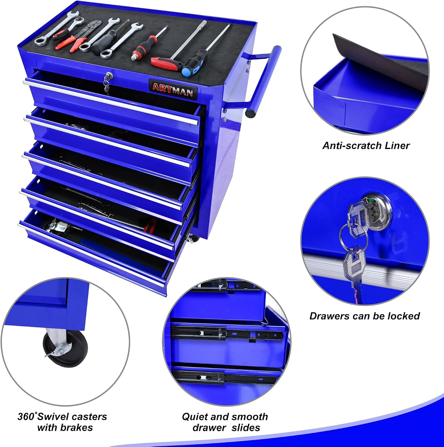 5 Large Drawers Rolling Tool Cart on Wheels, Trolley Organizer Tool Case Chest, Multifunctional Storage Tool Box for Workshop, Garage, Warehouse, Repair Shop (24.2' W×12.9' D×29.9' H-Blue)