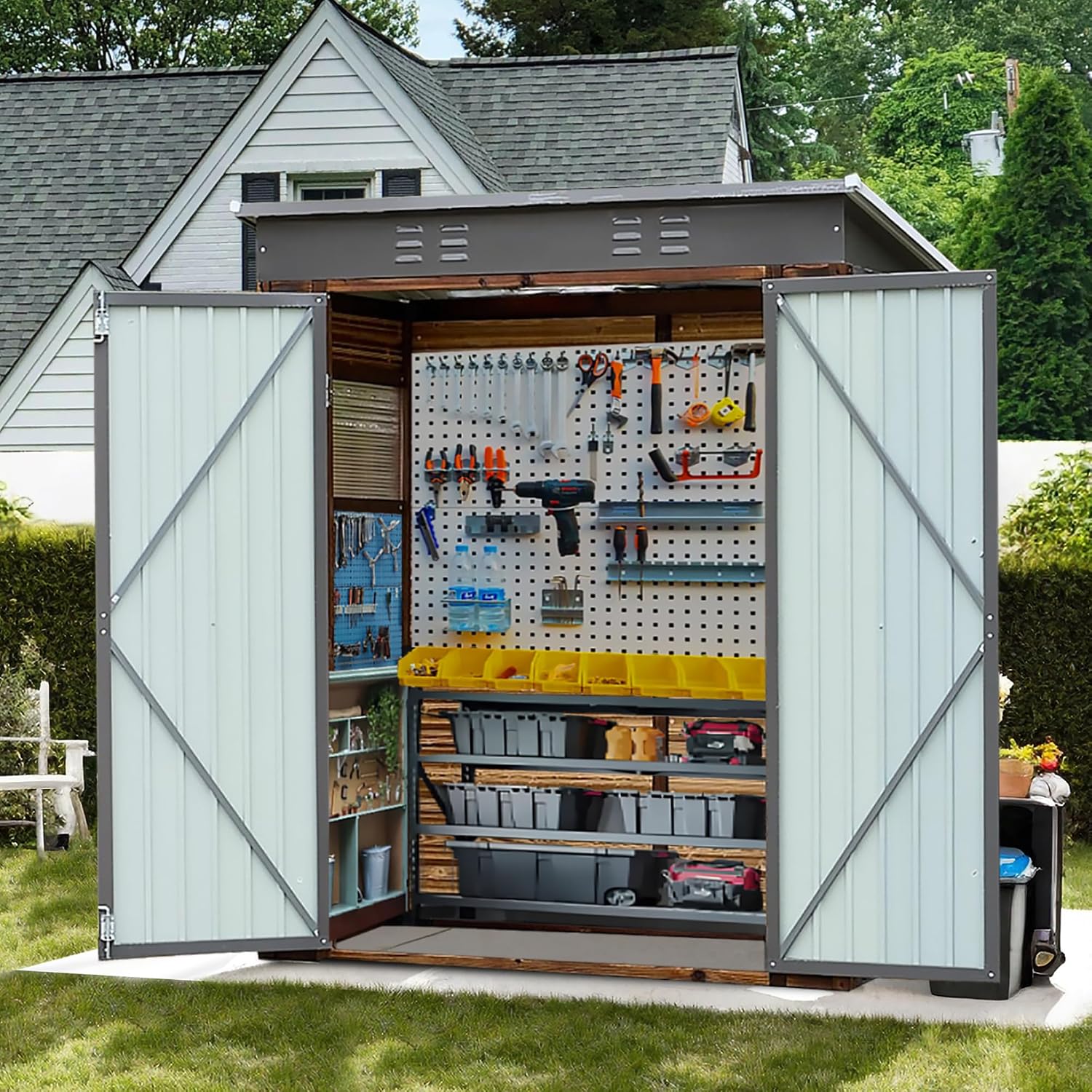 3x5 FT Outdoor Tool Shed, Wood-Iron Combination Storage Shed with Ventilation, Weather-Resistant Roof, Lockable Doors & Wood Grain Finish for Backyard and Garden