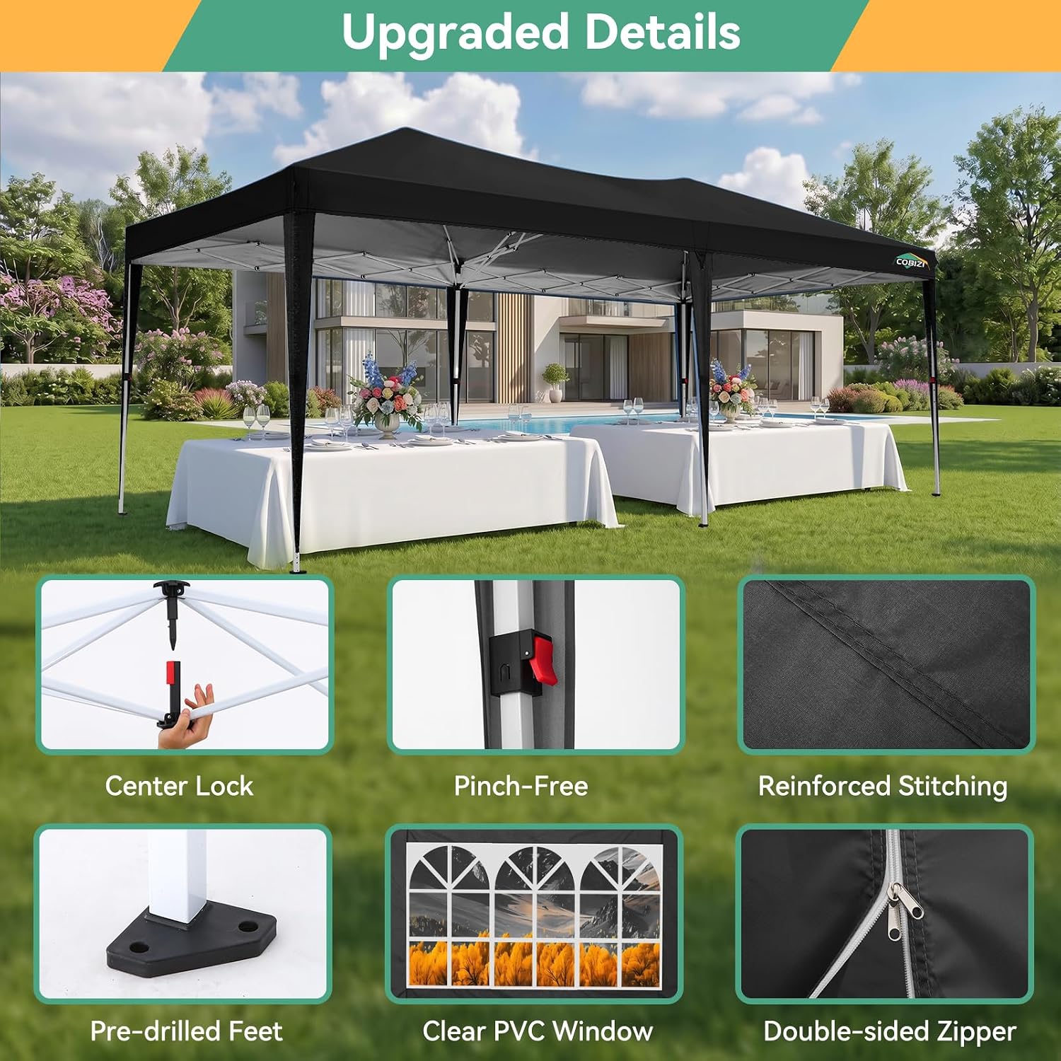COBIZI 10x20 Canopy Tents for Parties 10x20ft Easy Setup Pop up Tents with Sidewalls & One Push Lock Waterproof Outdoor Large Shelter Party Tent for Wedding Car Port Events Patio Gazebo(Black)