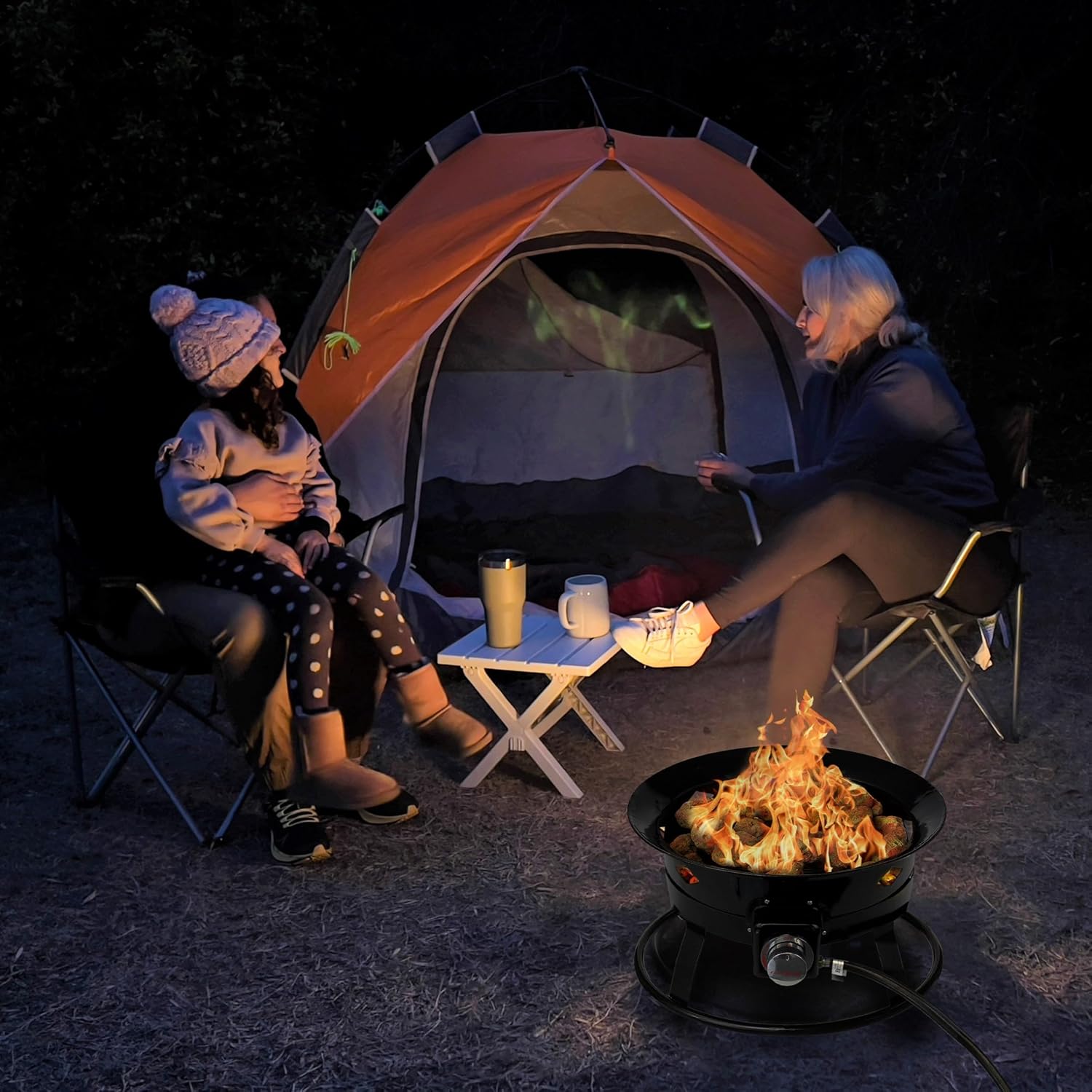 Flame King Smokeless Portable Propane Fire Pit Bowl, 19 inches, 58K BTU with Propane Grip Scale, Self Igniter, Cover, & Carry Straps for RV, Camping, & Outdoor Living