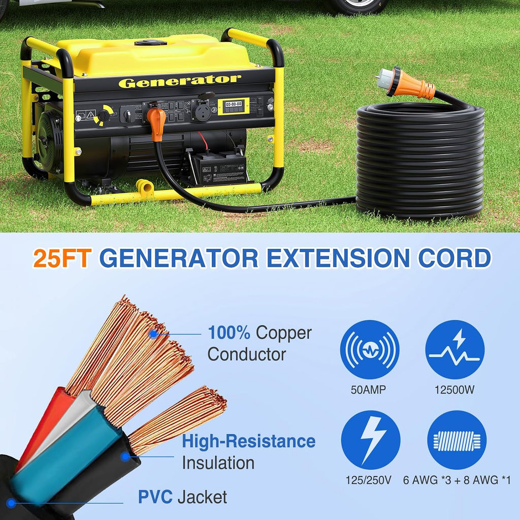 Nilight 50 Amp 50FT Generator Extension Cord 250V Heavy Duty 6/3+8/1 Gauge Pure Copper STW Wire ETL Listed 4 Prong 14-50P SS2-50R&CS6364 50F/50M Cable Suit for RV Home Use