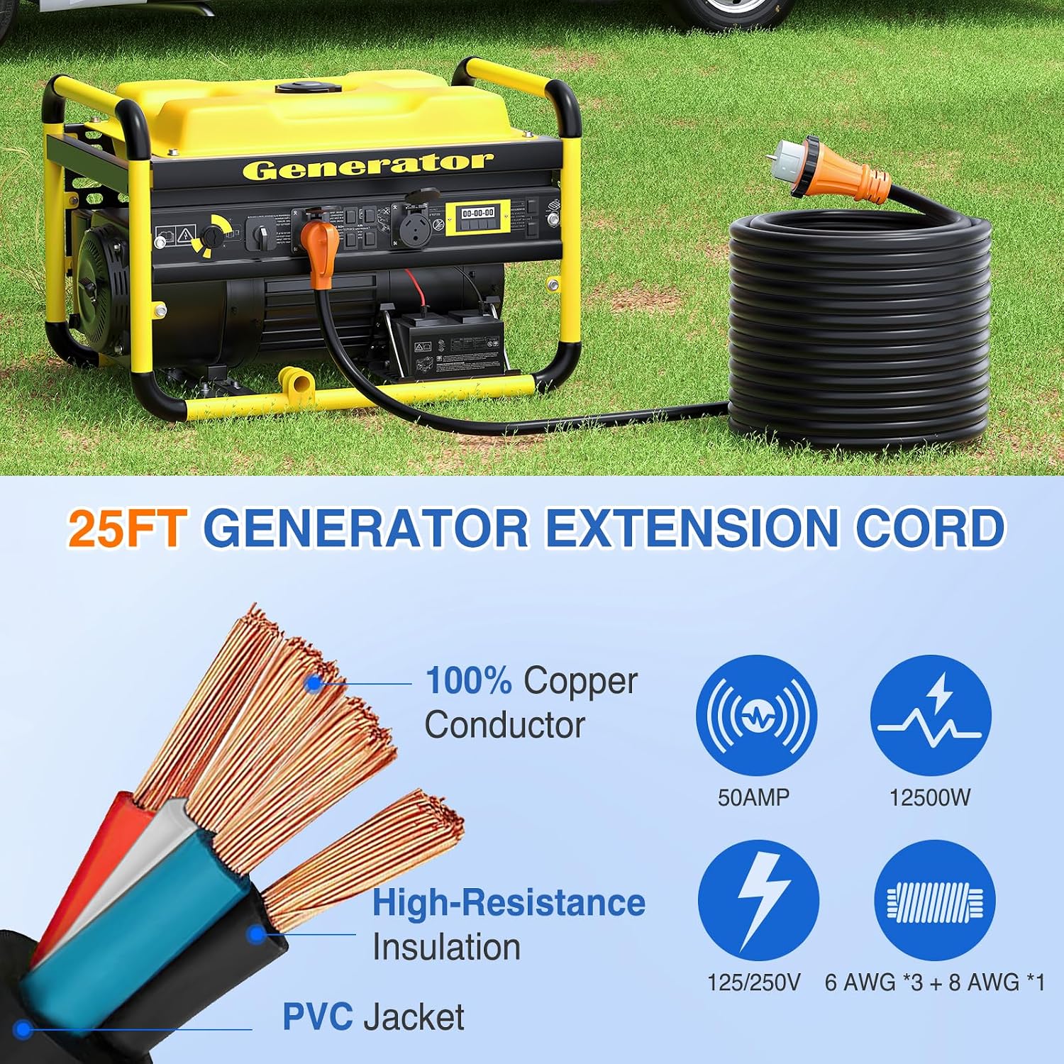 Nilight 50 Amp 50FT Generator Extension Cord 250V Heavy Duty 6/3+8/1 Gauge Pure Copper STW Wire ETL Listed 4 Prong 14-50P SS2-50R&CS6364 50F/50M Cable Suit for RV Home Use