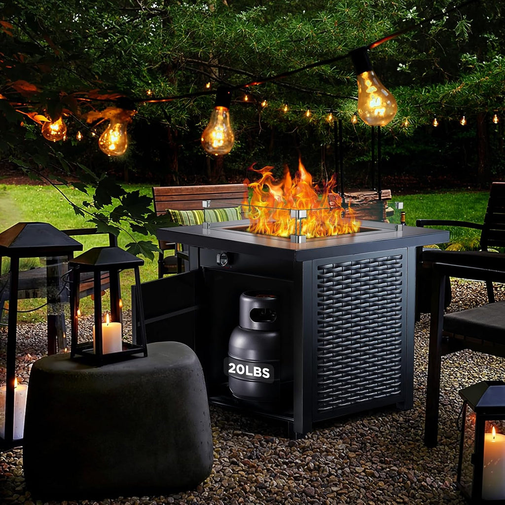 Ciays Propane Fire Pit, 28″ Outdoor Gas Fire Pit, 50,000 BTU Steel Fire Table with Glass Wind Guard, Lid & Lava Rock, Add Warmth and Ambience to Gatherings On Patio Deck Garden (2 Packages)