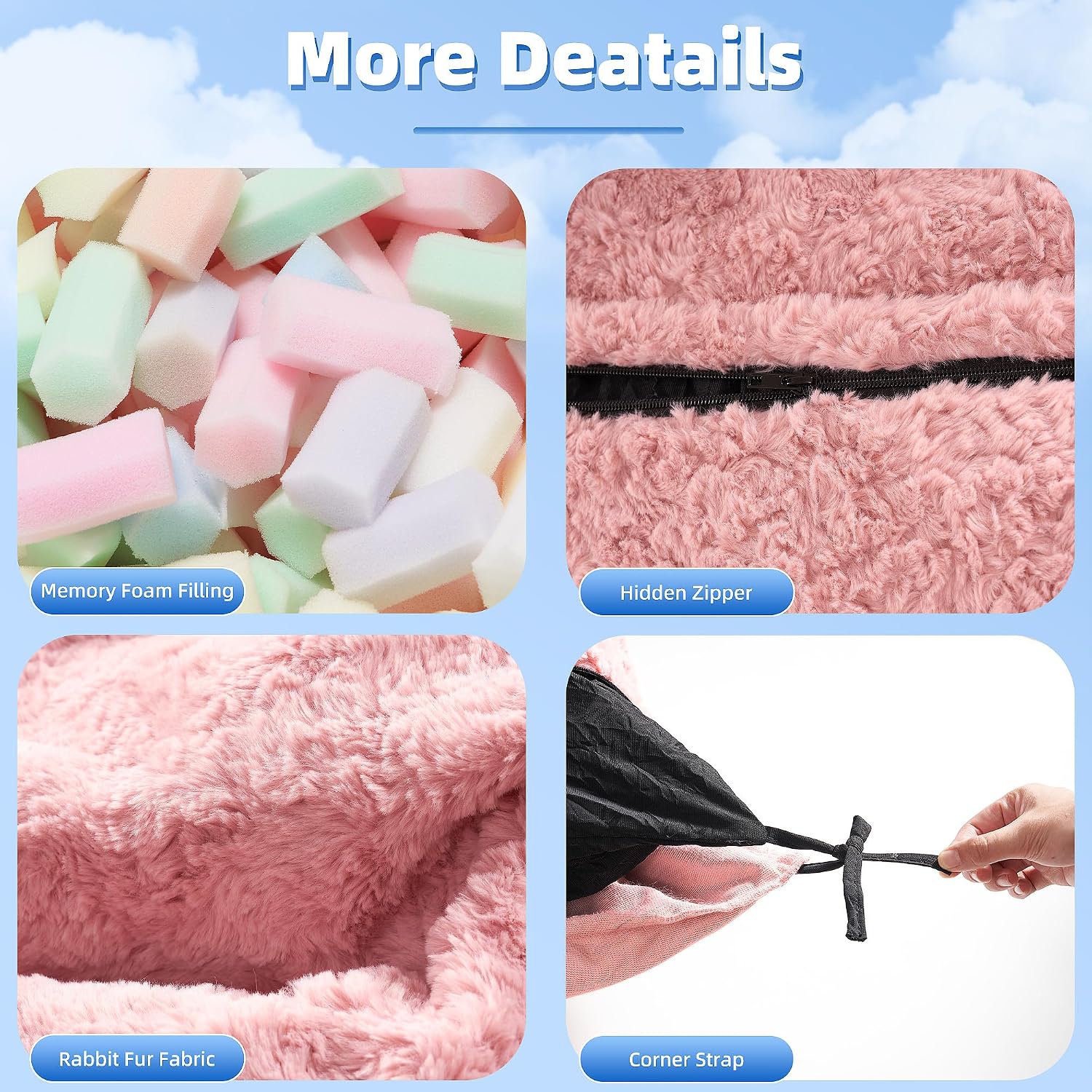 HABUTWAY 4 in 1 Bean Bag Chair, Giant Memory Foam Filling Bean Bag Sofa, Adult Bean Bag Chair, Machine Washable Faux Fur Cover, Bean Bag for Adult (Pink)