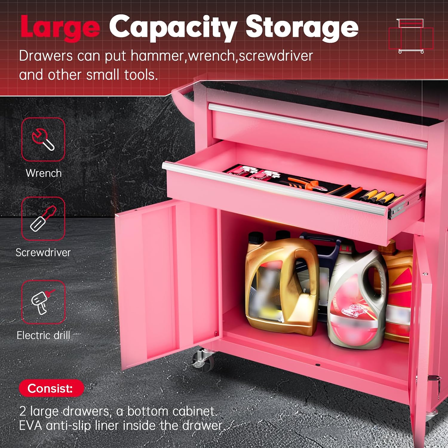 Superday Metal Tool Chest, 8 Drawer Rolling Tool Chest with Wheels, Detachable Tool Storage Cabinet with Lock for Garage, Steel Tool Cart with Liner & Hooks for Workshop, Warehouse (Pink)