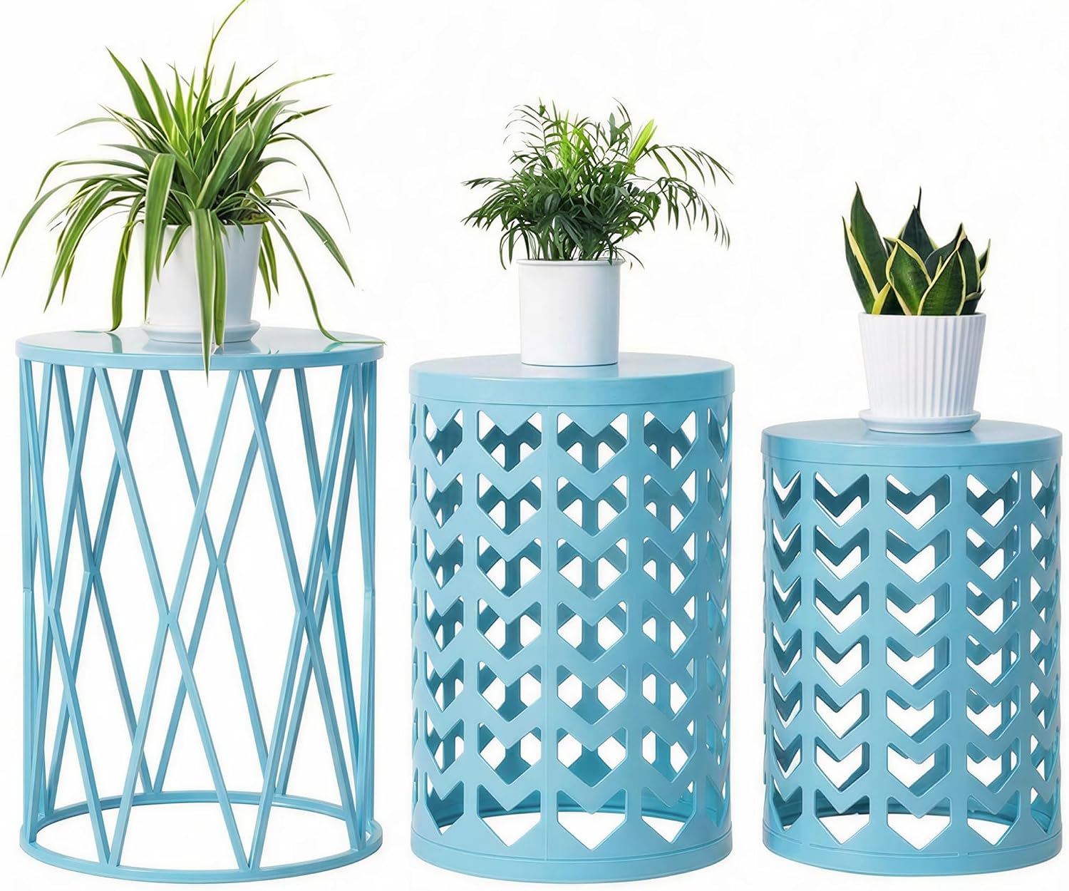 Y&M Set of 3 Round Heavy-Duty Side Table End Table, Coffee Table for Indoor Multifunctional Use, Outdoor Decorative Garden Stool Plant Stand-Light Blue