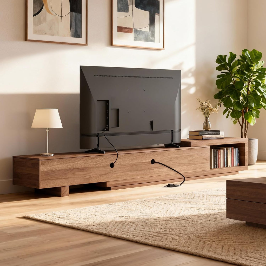 78.5'-105' Mid-Century Modern Extendable TV Stand, Walnut Media Console with 2 Drawers and 2 Cabinets, Fits TVs up to 100 Inches for Living Room or Bedroom