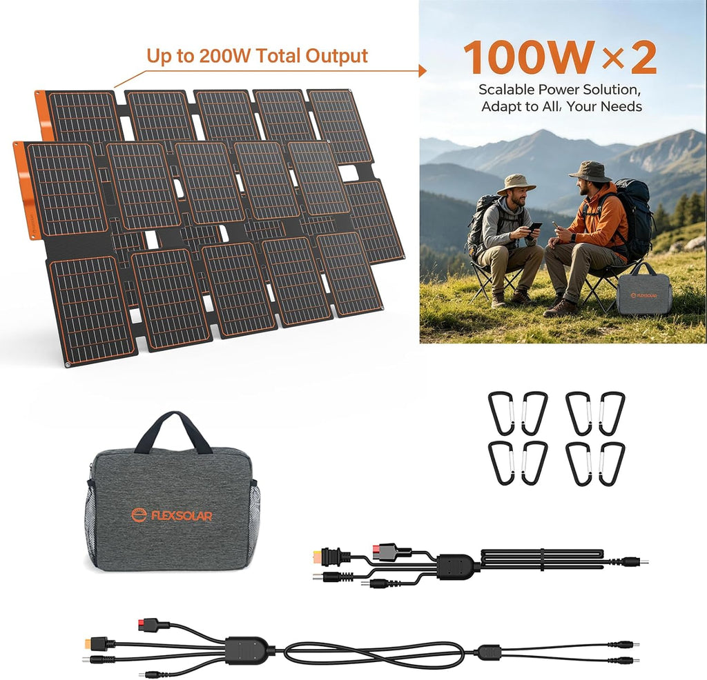 FlexSolar 2 PCS 100W Portable Solar Panels Chargers with PD3.0 USB-C,QC3.0 USB-A and DC Outputs Foldable IP67 Waterproof Power Emergency Camping
