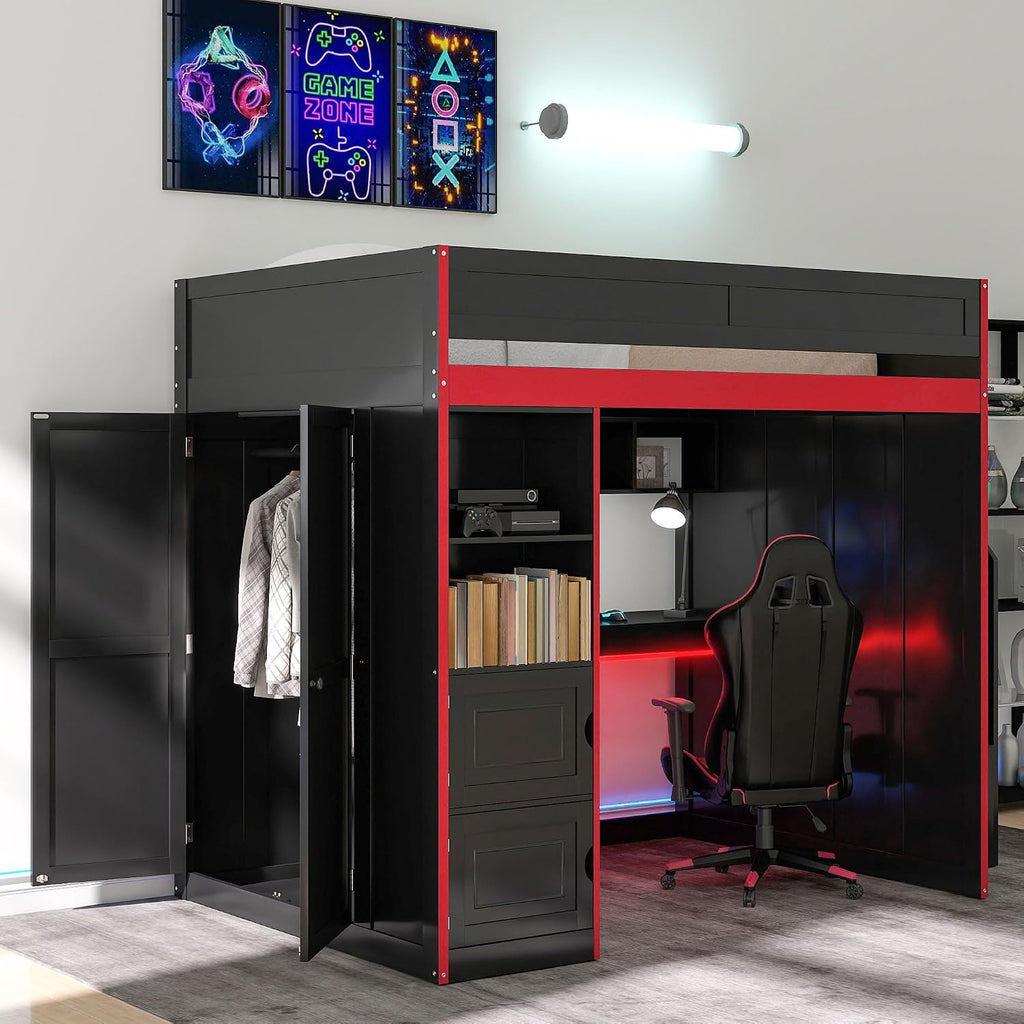 SOFTSEA Twin Size Gaming Loft Bed with Desk, Storage Stairs, LED Lights, Bookshelves & Wardrobe, Multifunctional Loft Bed for Kids Bedroom, No Box Spring Needed, Black Red
