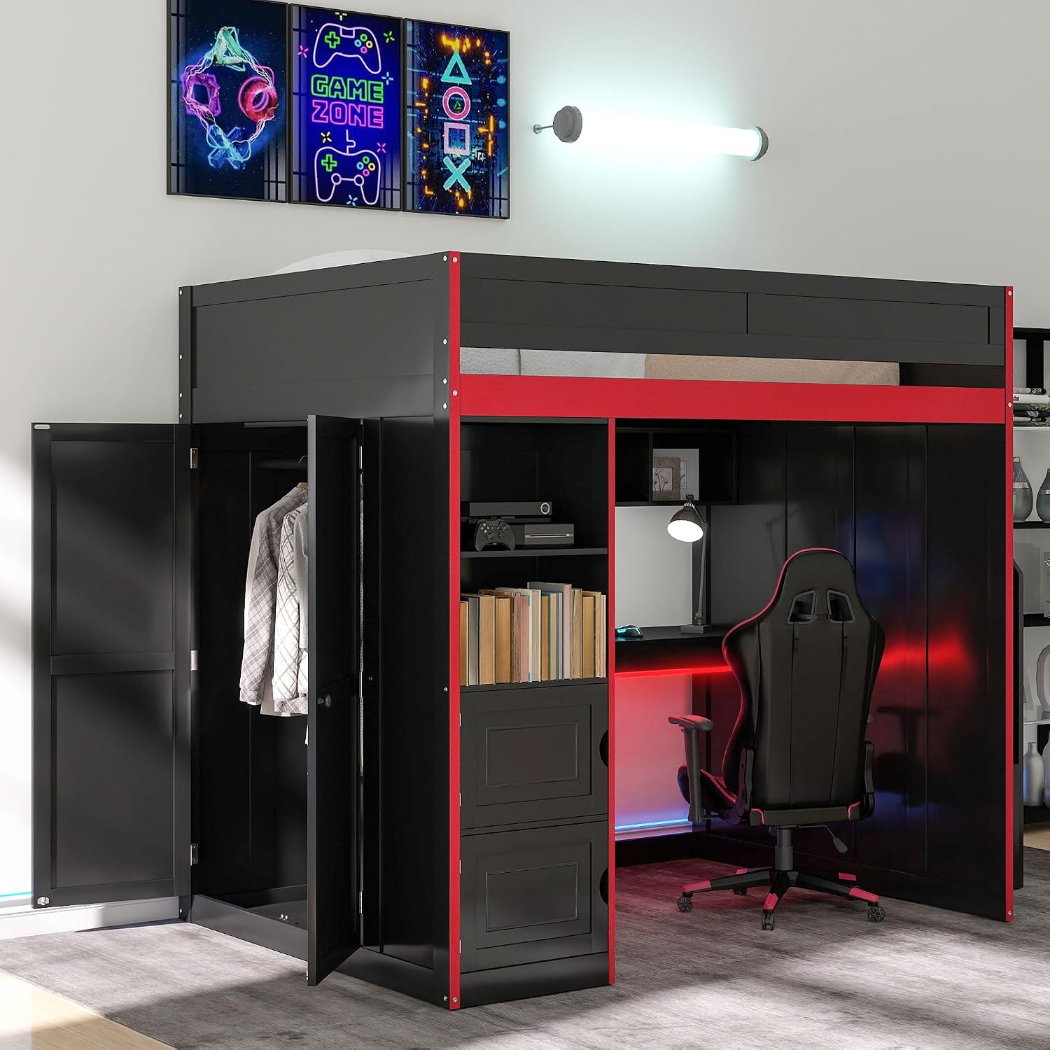SOFTSEA Twin Size Gaming Loft Bed with Desk, Storage Stairs, LED Lights, Bookshelves & Wardrobe, Multifunctional Loft Bed for Kids Bedroom, No Box Spring Needed, Black Red