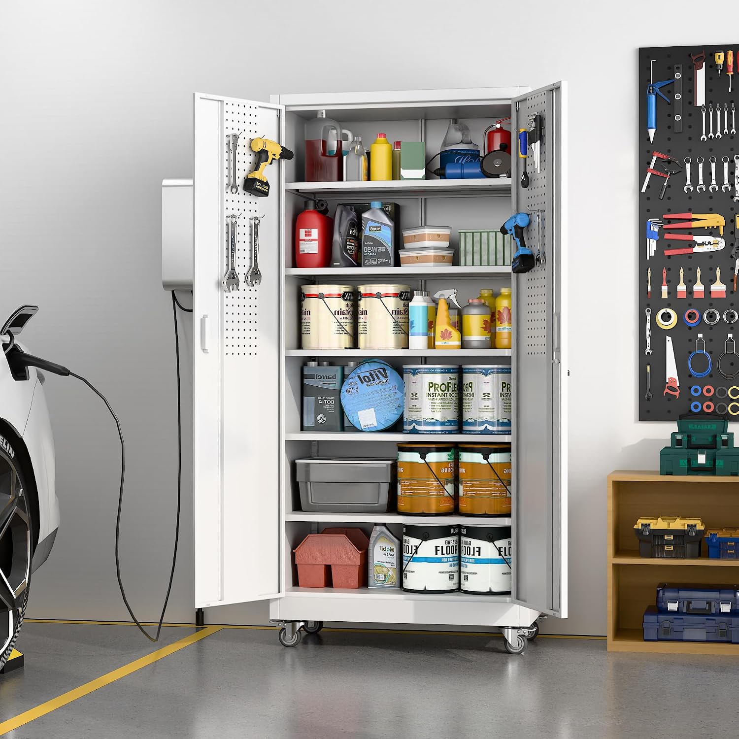 Metal Storage Cabinet with Wheels and Pegboard,71' H x 32' W x 16' D Garage Storage Cabinet with 2 Doors and 5 Adjustable Shelves for Garage, Home, Warehouse, Closet, Assembly Required, White