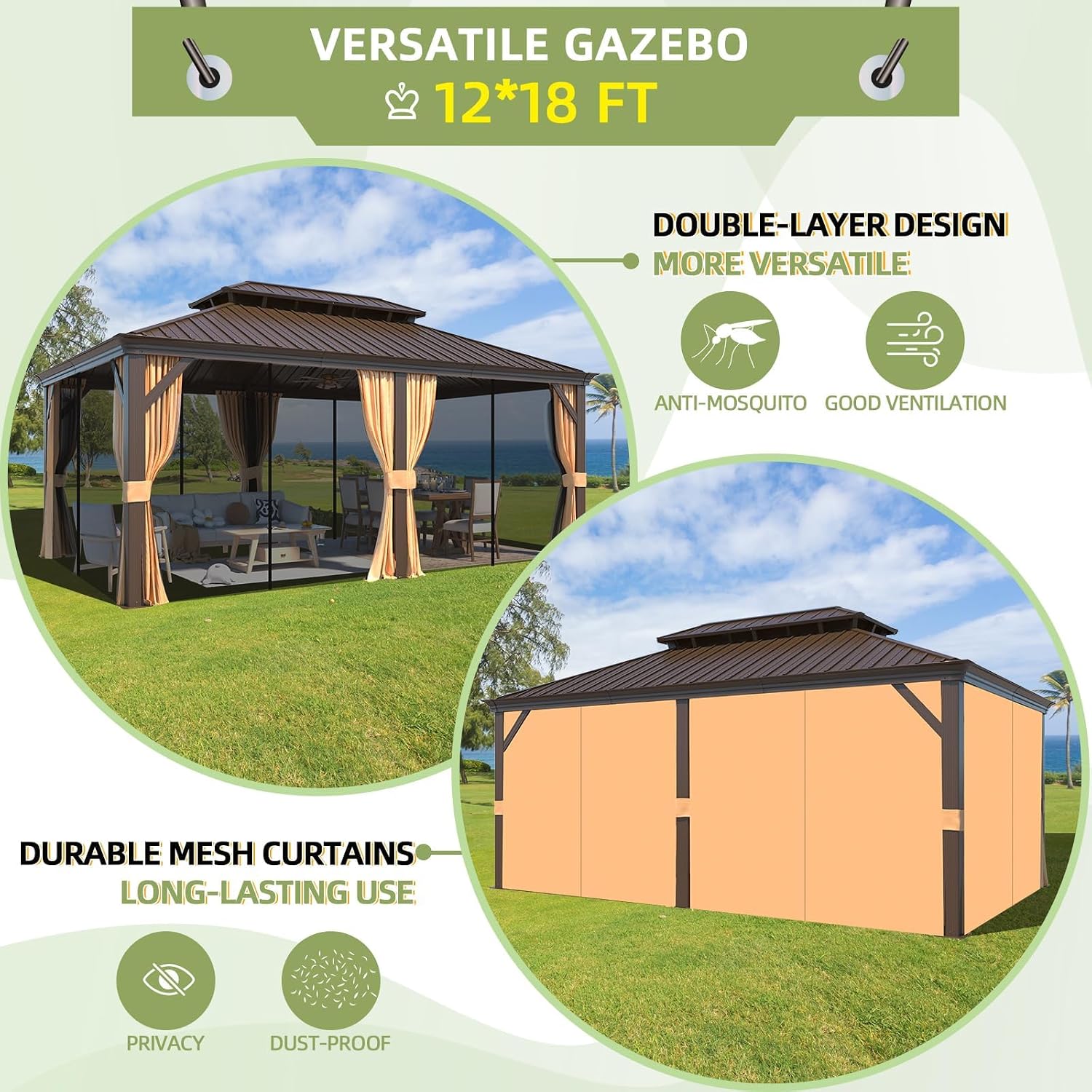 YOLENY 12'x18' Hardtop Gazebo,Galvanized Steel Metal Double Roof Gazebos with Curtain and Netting, Brown Permanent Pavilion Canopy with Aluminum Frame for Patios,Gardens,Lawns