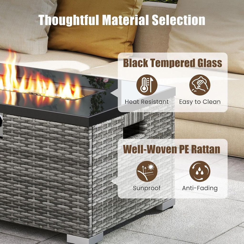 Tangkula 2 Piece Propane Fire Pit Table Set with Tank Cover, Outdoor Rattan Gas Firepit with Lid, Tempered Glass Tabletop, Protective Cover, 40,000 BTU Rectangle Fire Table Set for Outside (Mix Gray)