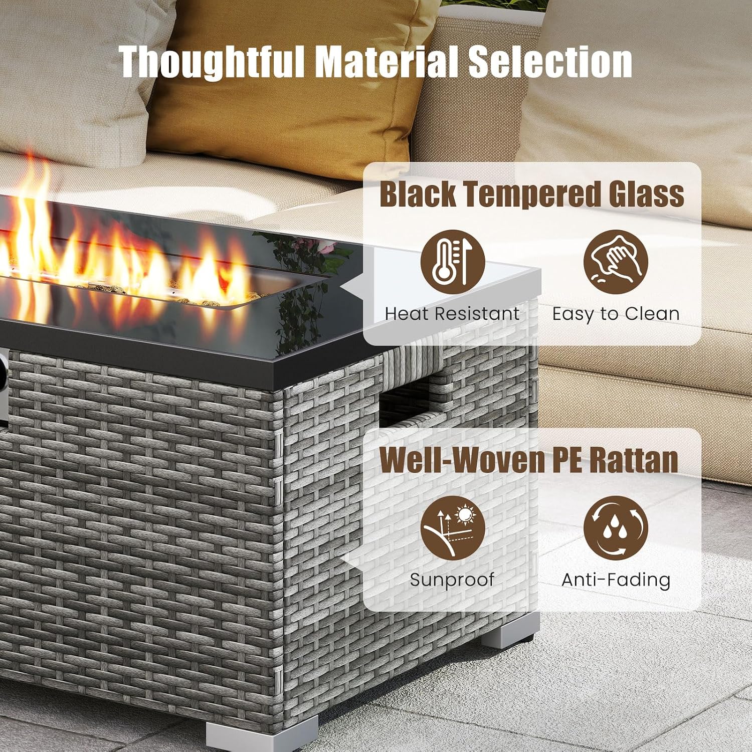 Tangkula 2 Piece Propane Fire Pit Table Set with Tank Cover, Outdoor Rattan Gas Firepit with Lid, Tempered Glass Tabletop, Protective Cover, 40,000 BTU Rectangle Fire Table Set for Outside (Mix Gray)