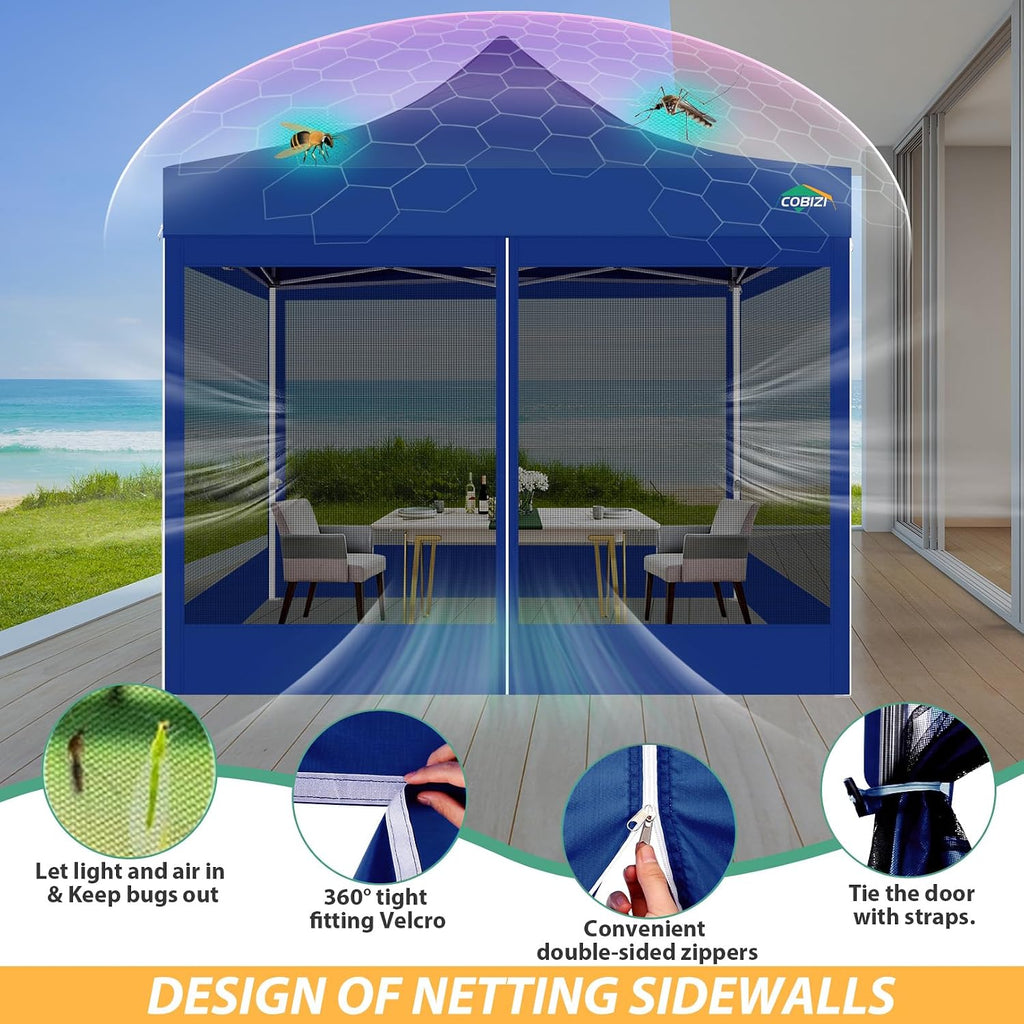 COBIZI 10x10 Canopy Tent with 4 Sidewalls,Heavy Duty Pop up Canopy with Mosquito Netting,Easy up Screen Tent for Parties Wedding Outdoor Camping with Handbag,Deep Blue