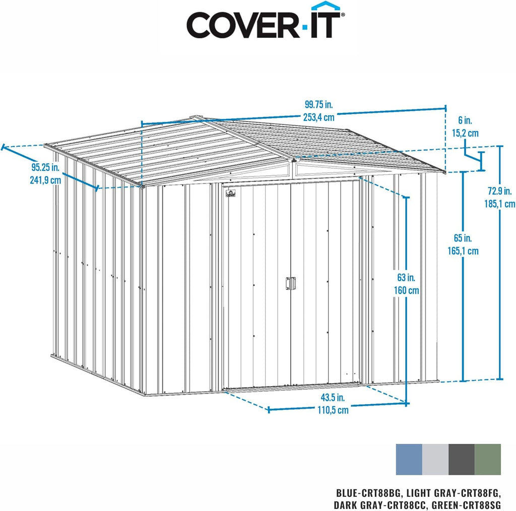 8x8 Metal Outdoor Galvanized Steel Storage Shed with Sliding Double Lockable Doors for Backyard or Patio Storage of Bikes, Grills, Supplies, Tools, Toys, for Lawn, Garden, and Camping, Dark Grey