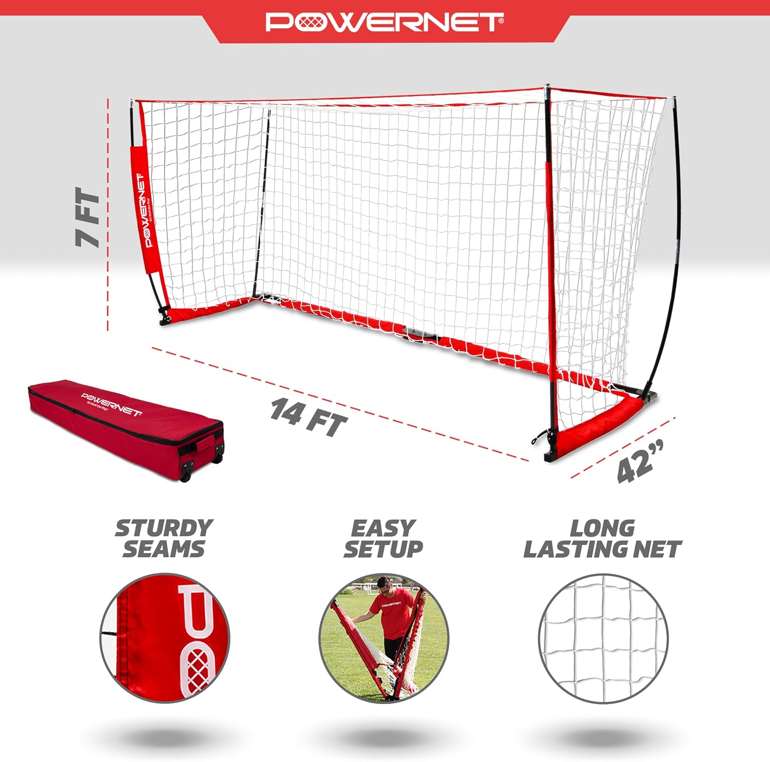 PowerNet Soccer Goal for Backyard, 3Mx2M / 6x4 / 8x4 / 12x6 / 14x7 /18.5x6.5 / 21x7 / 24 x 8 Portable Soccer Net, Sports & Outdoors Training Equipment, Quick Setup 1 Goal & Zipper Storage Bag