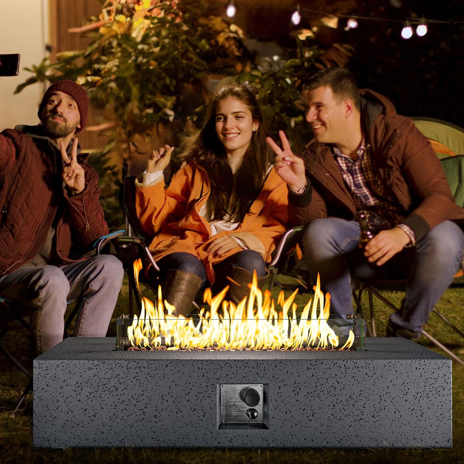 COSIEST 56 x 28 inch Outdoor Propane Fire Pit Coffee Table w Concrete Rectangle Base, Certified, 50,000 BTU, Free Lava Rocks and RainCover, Fits 20lb Tank Outside, Wind Guard, Tank Cover, Gray