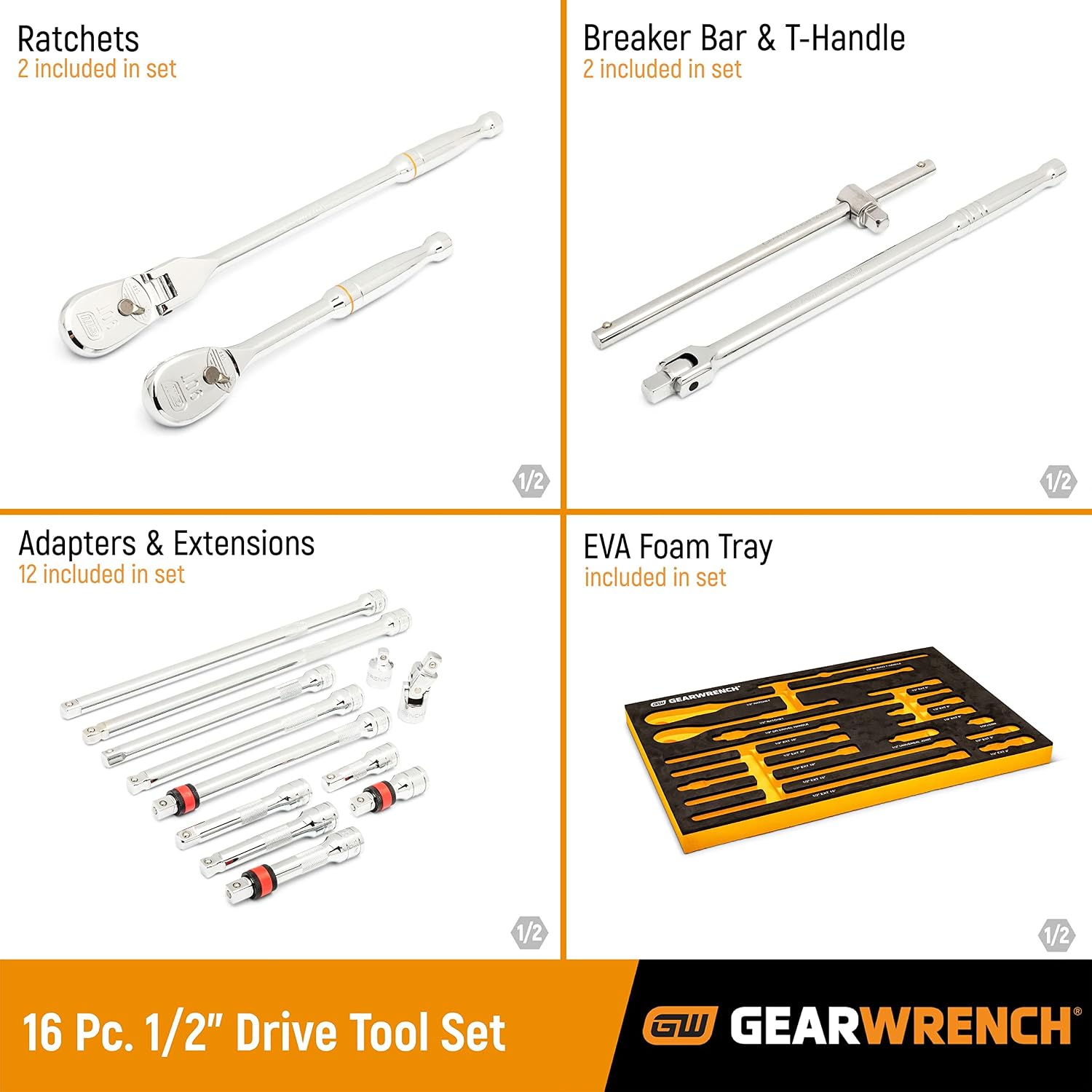 GEARWRENCH 16 Piece 1/2' 90T Ratchet & Drive Tool Set with EVA Foam Tray - 86522