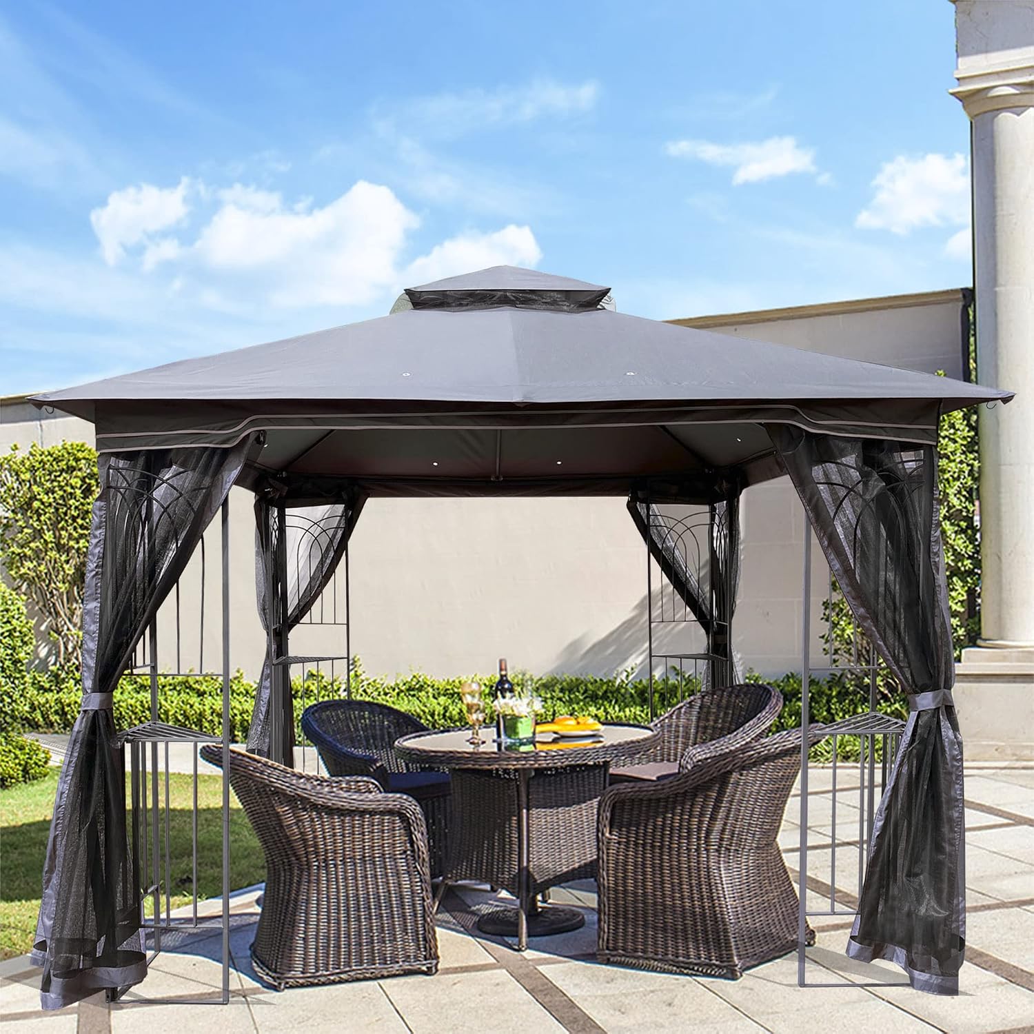 10x10 Outdoor Patio Gazebo, Heavy Duty Soft Top Gazebo with Shelves and Netting, Waterproof Canopy Gazebo with Galvanized Steel Frame and Double Roof, Metal Gazebo for Deck, Backyard, Porch (Gray)