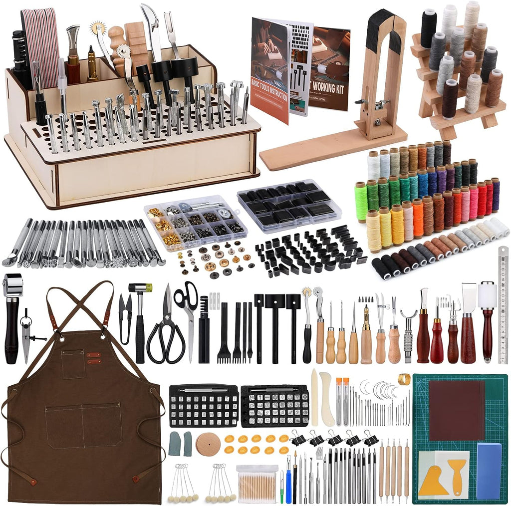 628Pcs Leather Working Tooling Set for Beginners, Starter Working and Tool Supplies with Leather Pony, Tooling Box, Stamping Punching Tools, Sewing Thread, Rivets Kit for DIY Crafts