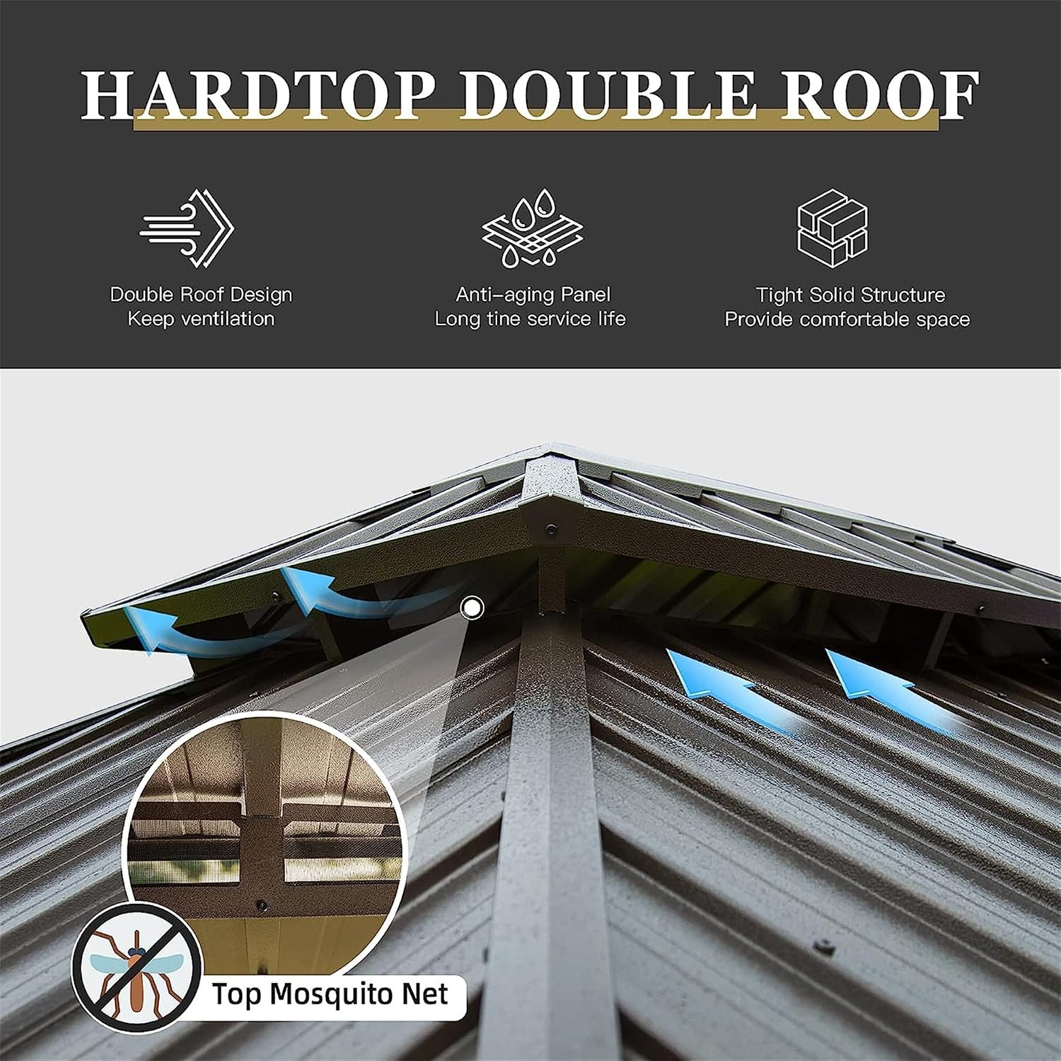 10x12Ft Hardtop Gazebo Wooden Coated Aluminum Frame Canopy Galvanized Steel Double Roof Outdoor Wood-Looking Permanent Metal Pavilion with Curtains and Netting for Patio Deck Lawn