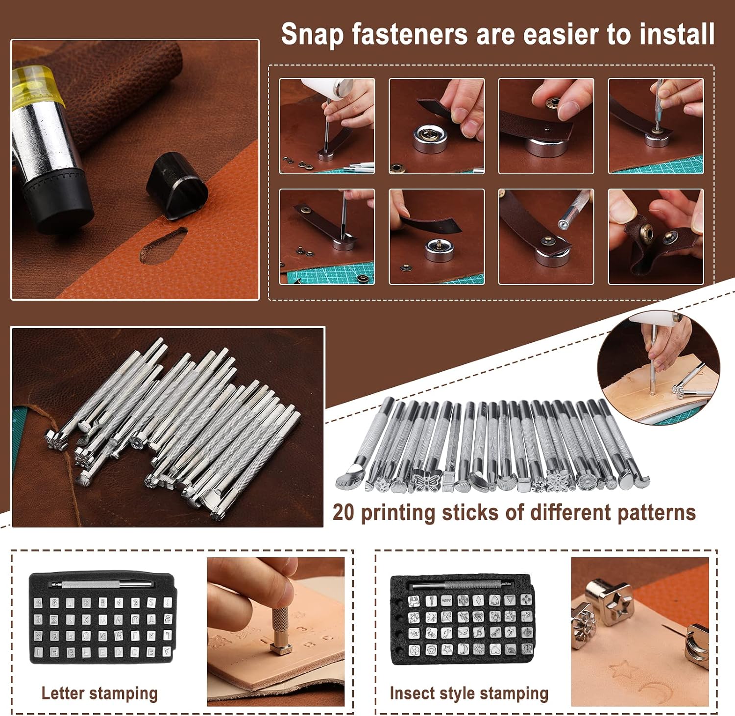628Pcs Leather Working Tooling Set for Beginners, Starter Working and Tool Supplies with Leather Pony, Tooling Box, Stamping Punching Tools, Sewing Thread, Rivets Kit for DIY Crafts