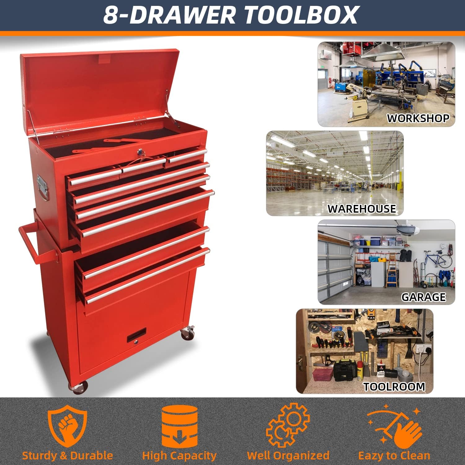 8-Drawer High Capacity Rolling Tool Chest, Removable Cabinet Storage Tool Box with Wheels and Drawers, Detachable Toolbox with Lock for Workshop Mechanics Garage